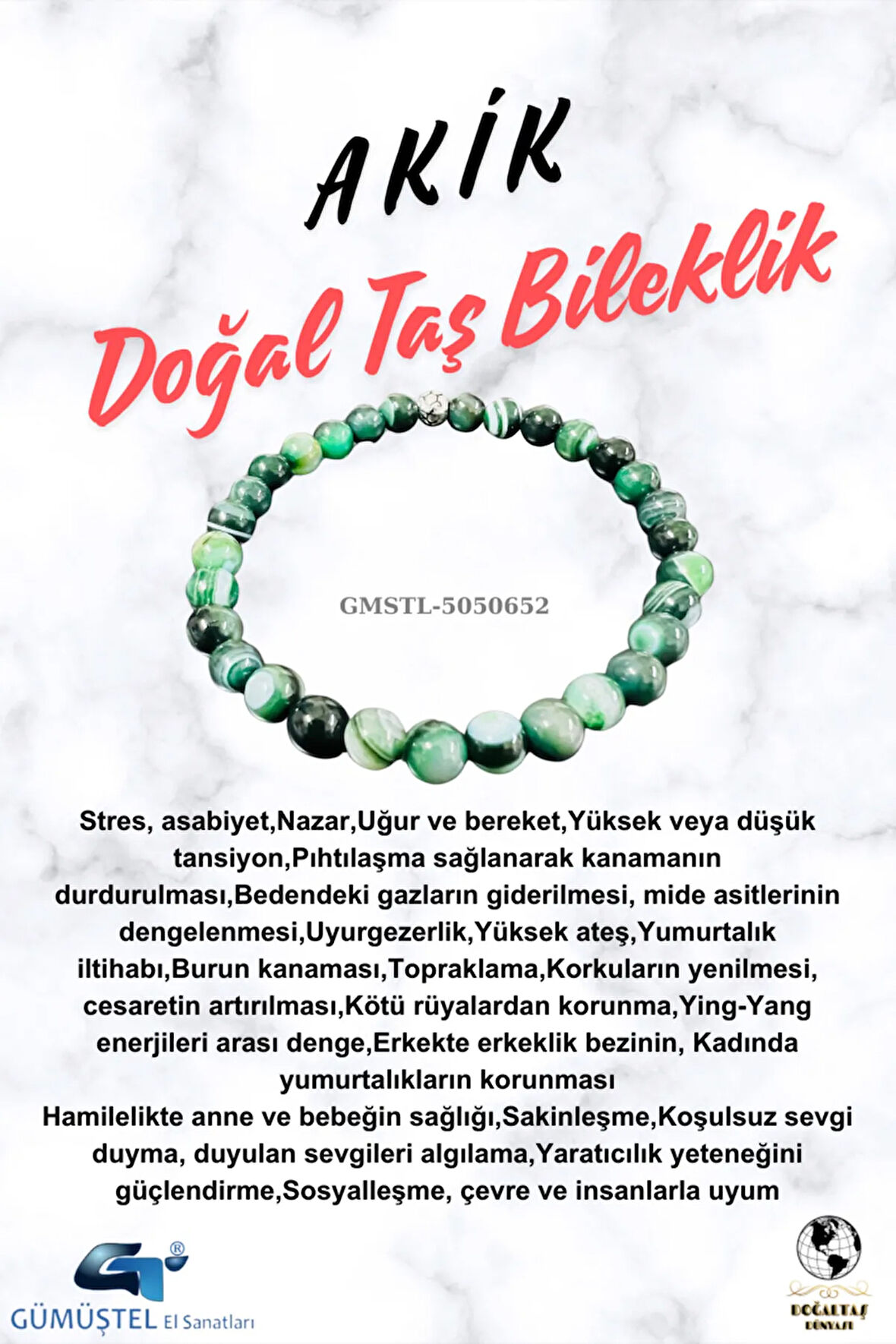 Sertifikalı Akik Doğal Taş Bileklik 6mm