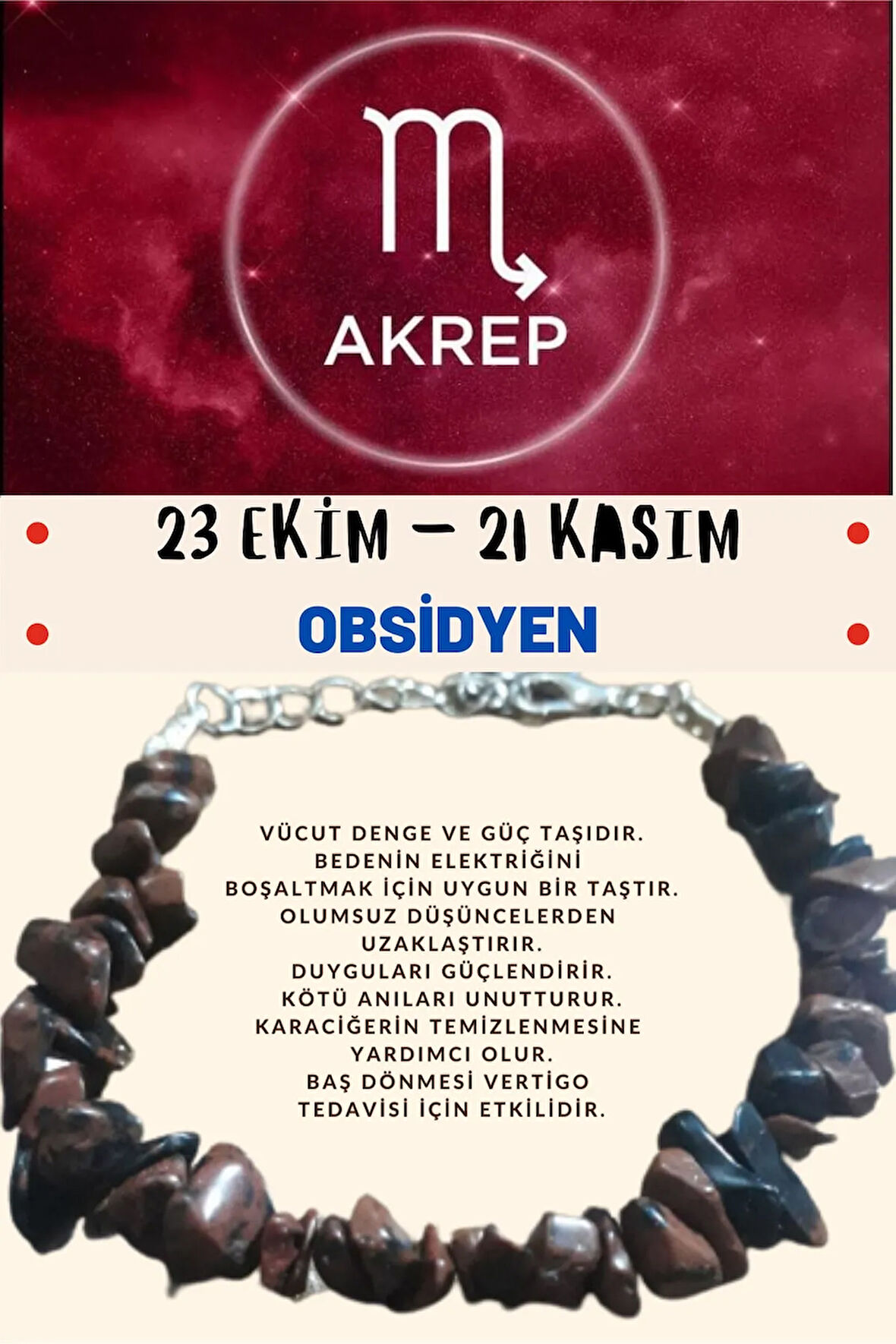 Sertifikalı Burç Taşı Akrep Burcu Obsidyen Taşı Bileklik