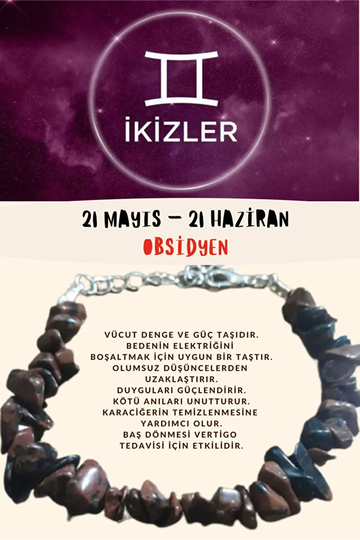 Sertifikalı Burç Taşı Ikizler Burcu Obsidyen Taşı Bileklik