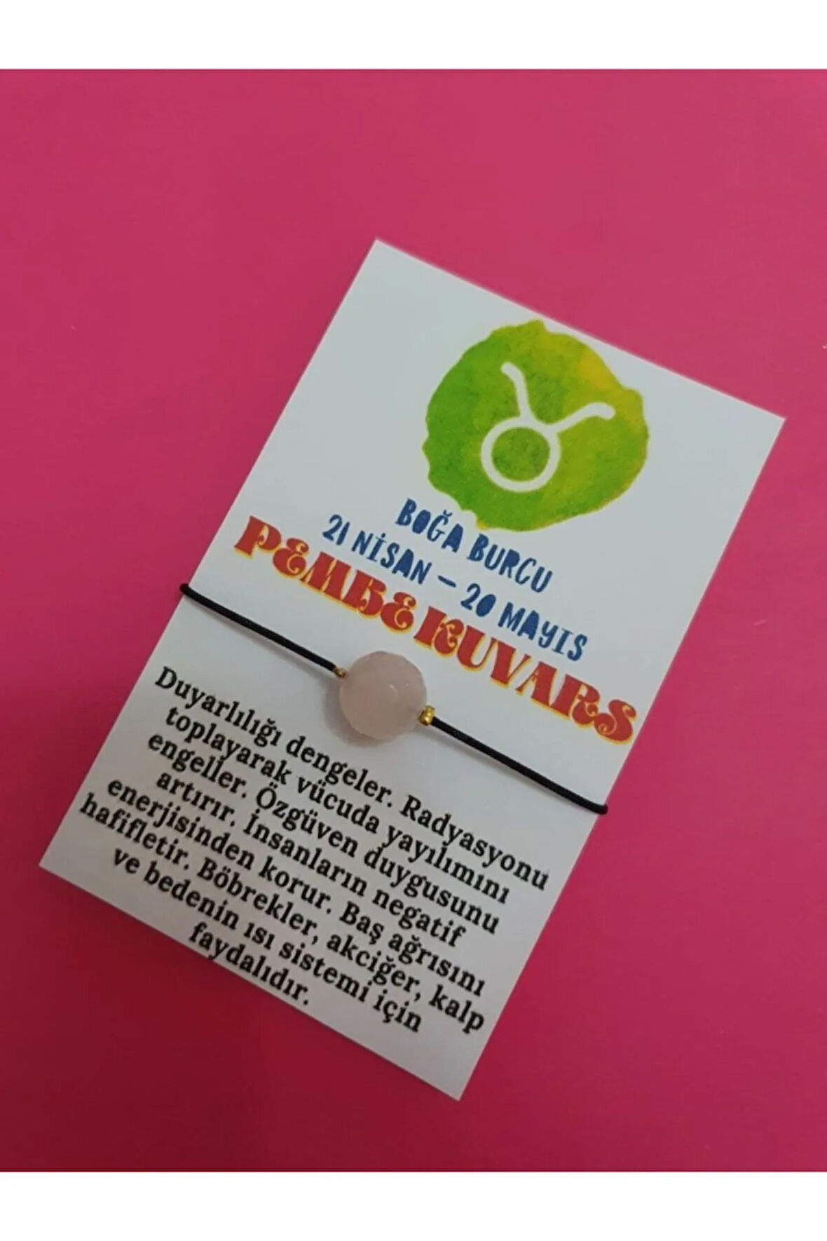 Sertifikalı Boğa Burcu Pembe Kuvars Doğal Taş Ip Burç Bilekliği