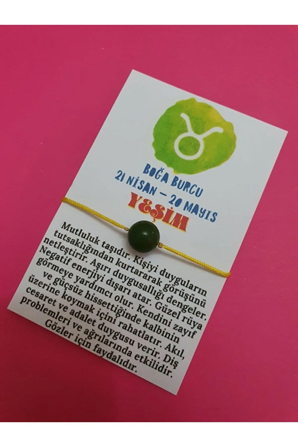 Sertifikalı Boğa Burcu Yeşim Doğal Taş Ip Burç Bilekliği