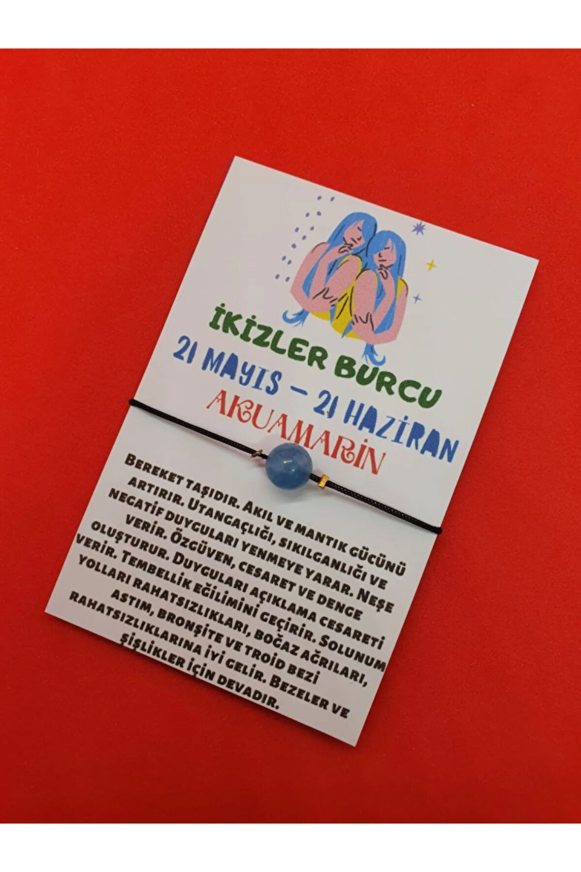 Sertifikalı Ikizler Burcu Akuamarin Doğal Taş Ip Burç Bilekliği 8mm