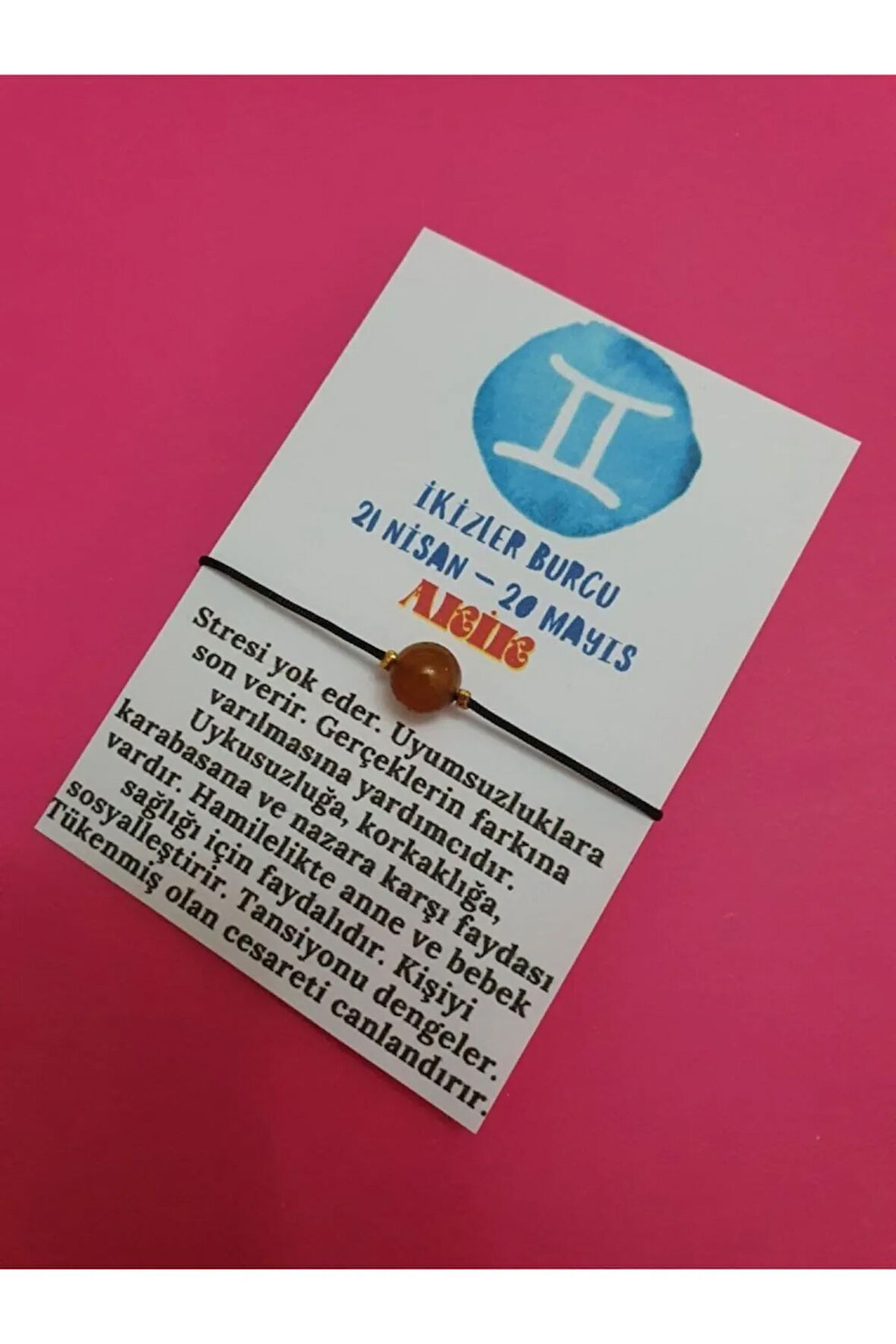 Sertifikalı Ikizler Burcu Akik Doğal Taş Ip Burç Bilekliği