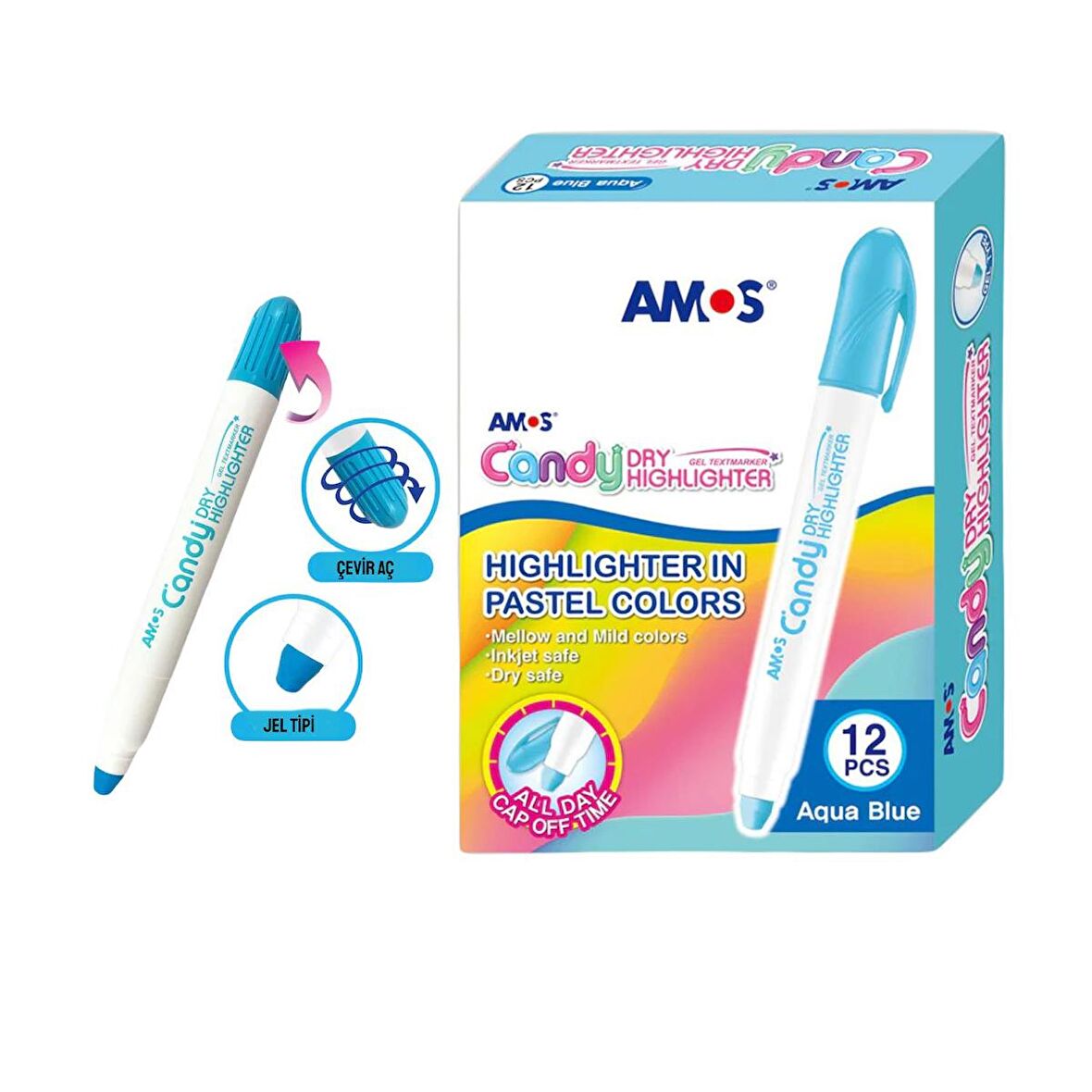 Amos Candy Dry Çevir Aç Jel Fosforlu Kalem Pastel Mavi 12 Li Kutu