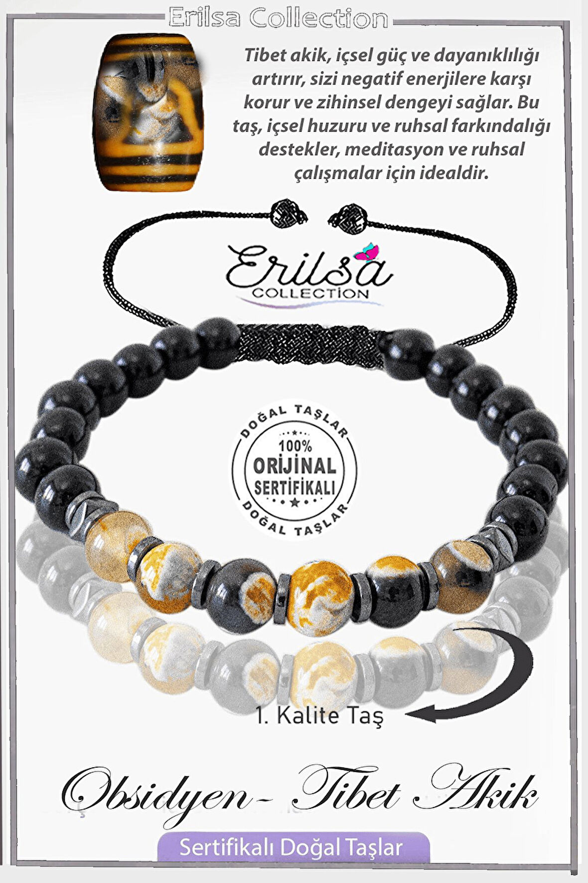 Sertifikalı Gerçek Obsidyen - Turuncu Siyah Tibet Akiği Taşı Bileklik