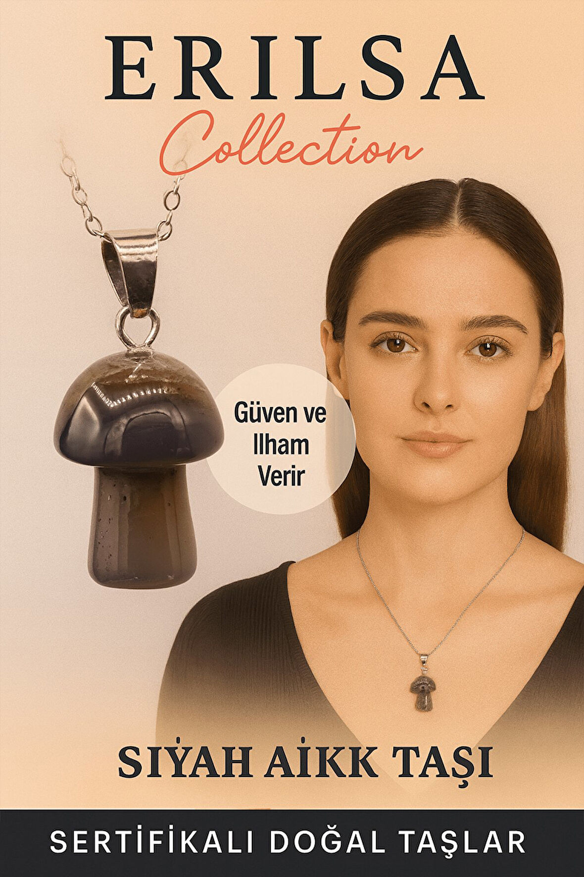 Sertifikalı Mantar Model Siyah Akik Taşı Kolye - Güç ve İlham Veren Doğal Taş