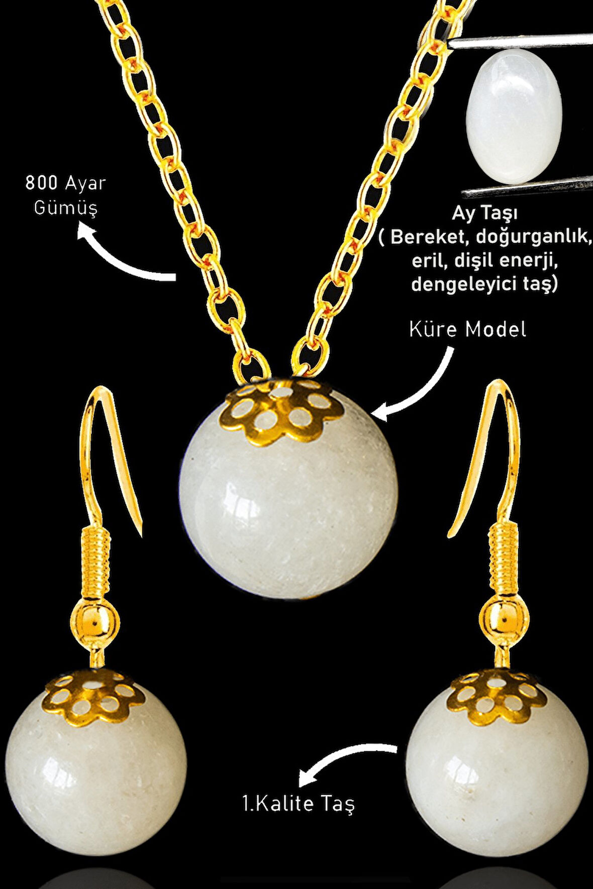 Sertifikalı Gold Küre Model Ay Taşı Kolye ve Küpe Seti - Gümüş Aparatlı