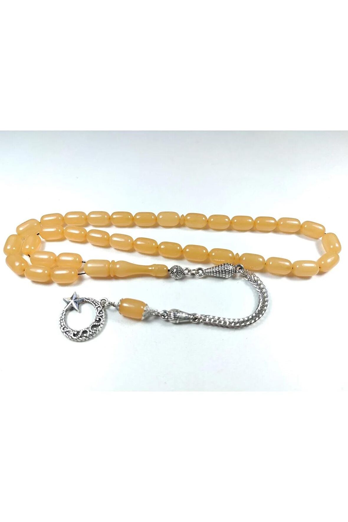 Gümüş Kaplama Püsküllü Kuru Tornalı Çift Cilalı Simli Sıkma Kehribar Sertifikalı 4452