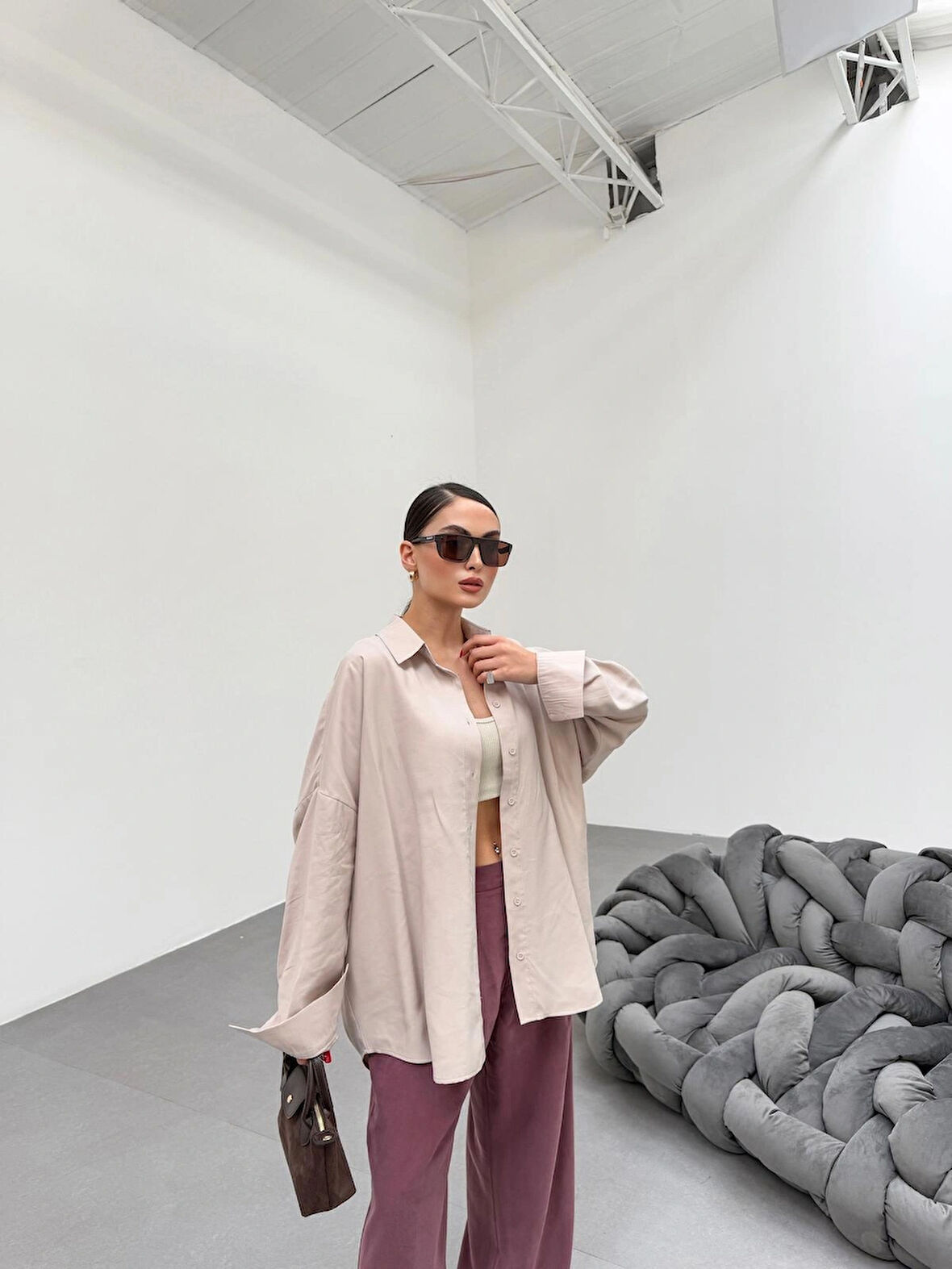 Krem Soft Yumuşak Dokulu Oversize Gömlek