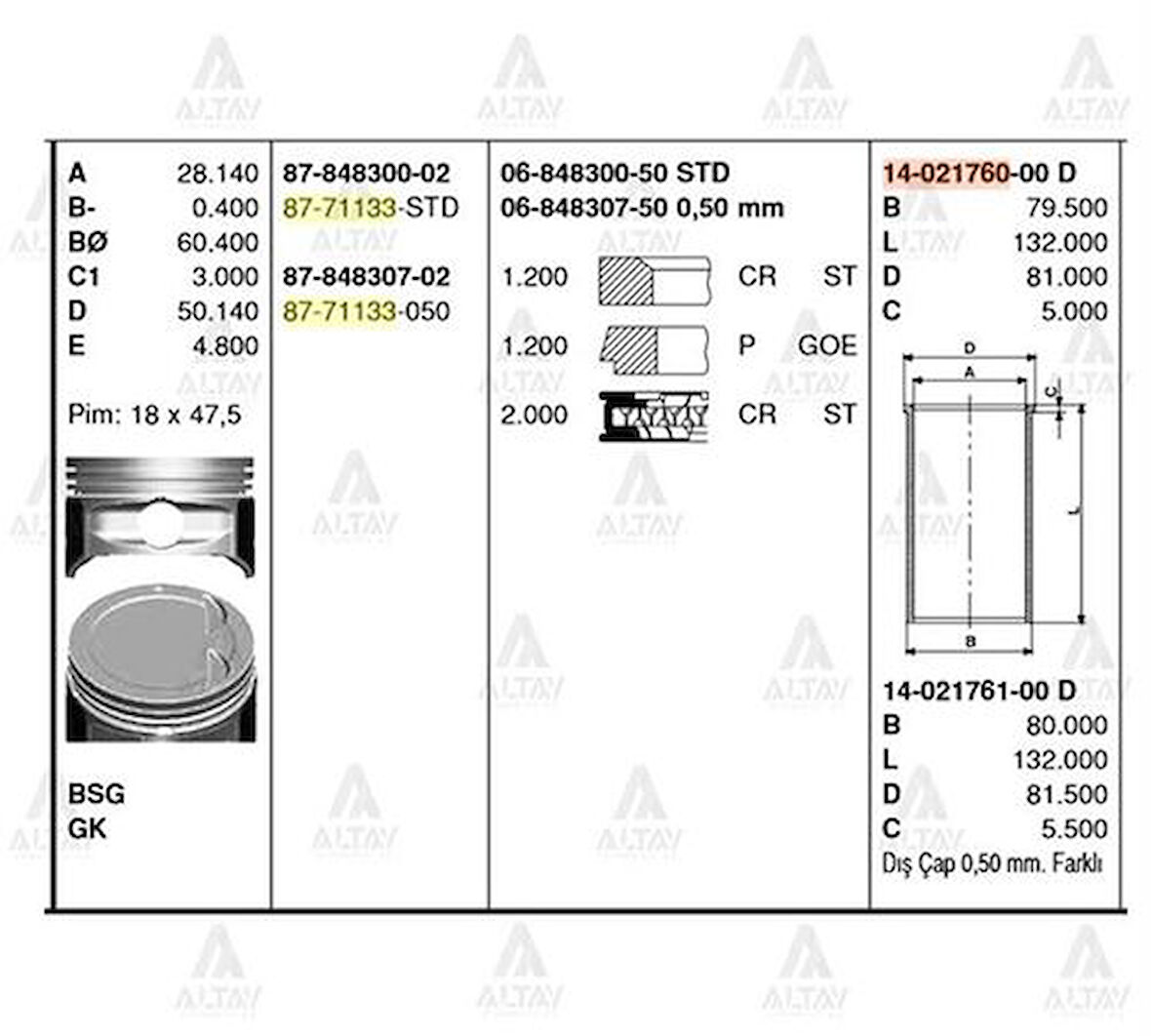 Goetze 06-848300-50 Motor Segman Takımı STD Accent Admira 1.6 2000 2005 Era 1.6 2006-76.50mm (G4Ed Motor) 2304026120