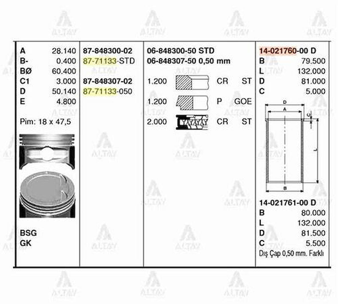 Goetze 06-848307-50 Motor Segman Takımı 050 Accent Admira 1.6 2000 2005 Era 1.6 2006-77mm (G4Ed Motor) 2304026160