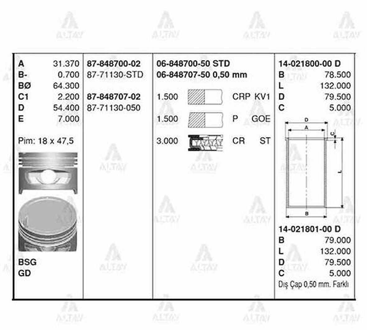 Goetze 06-848700-50 Motor Segman STD Accent 1.5 2000-2002 Milenyum Kasa 75.50mm 2304022010