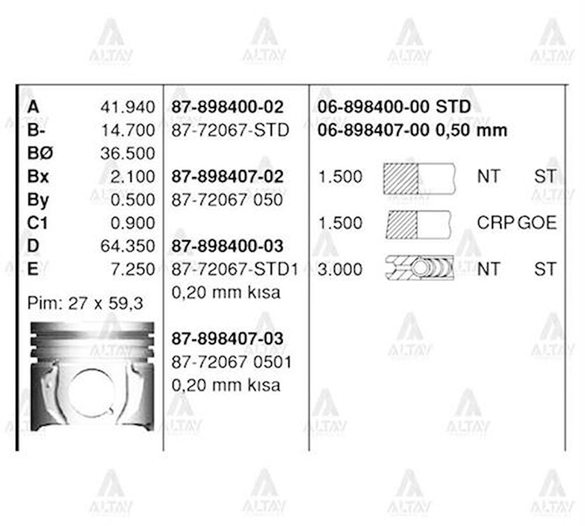 Goetze 87-72067-STD Motor Piston STD Segmanlı Corolla 1.4 D4D 2004-1Ndtv Motor 73mm 87-72067-STD
