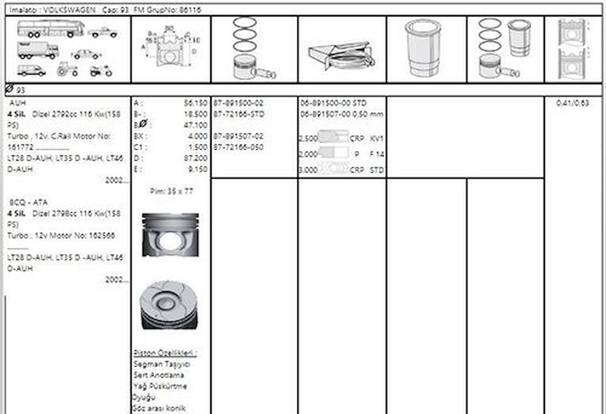 Goetze 87-72166-050 Piston+Segman 93.01mm Volkswagen 2.8 TDI Auh 161772-Bcq162566- 062107065A