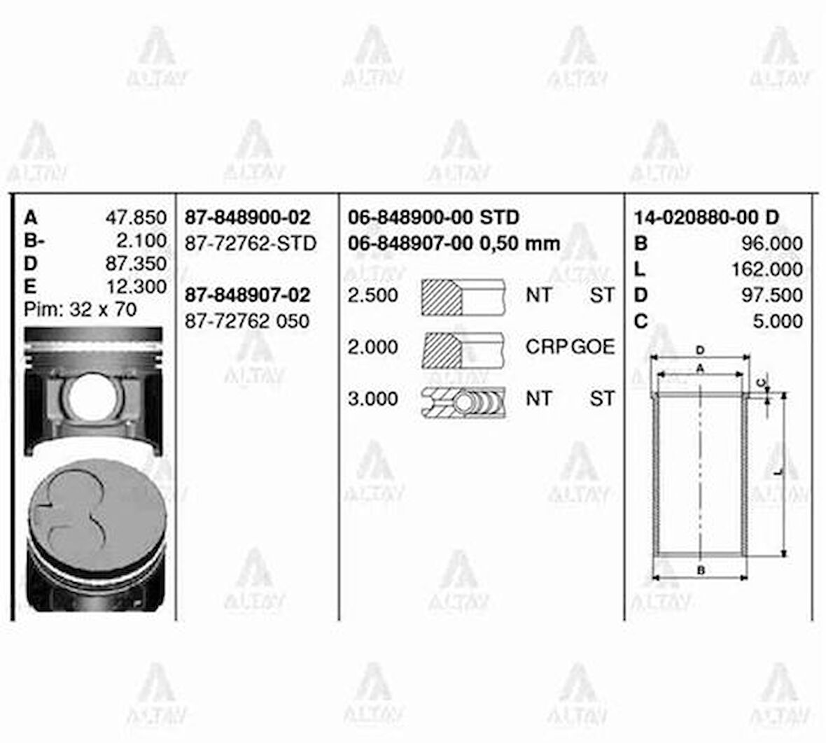 Goetze 87-72762-STD Piston Segman Jp Wlt B2500 Turbo 93mm 98 XM346108BD