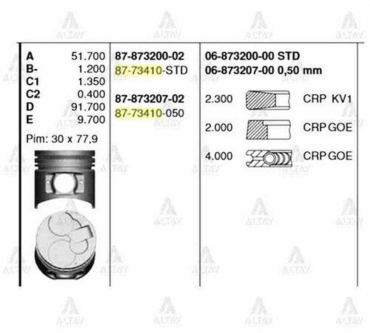 Goetze 87-73410-050 Piston+Segman-050 95.50 Mitsubishi Canter-511-Canter-711 04-10 4M39 8773410050