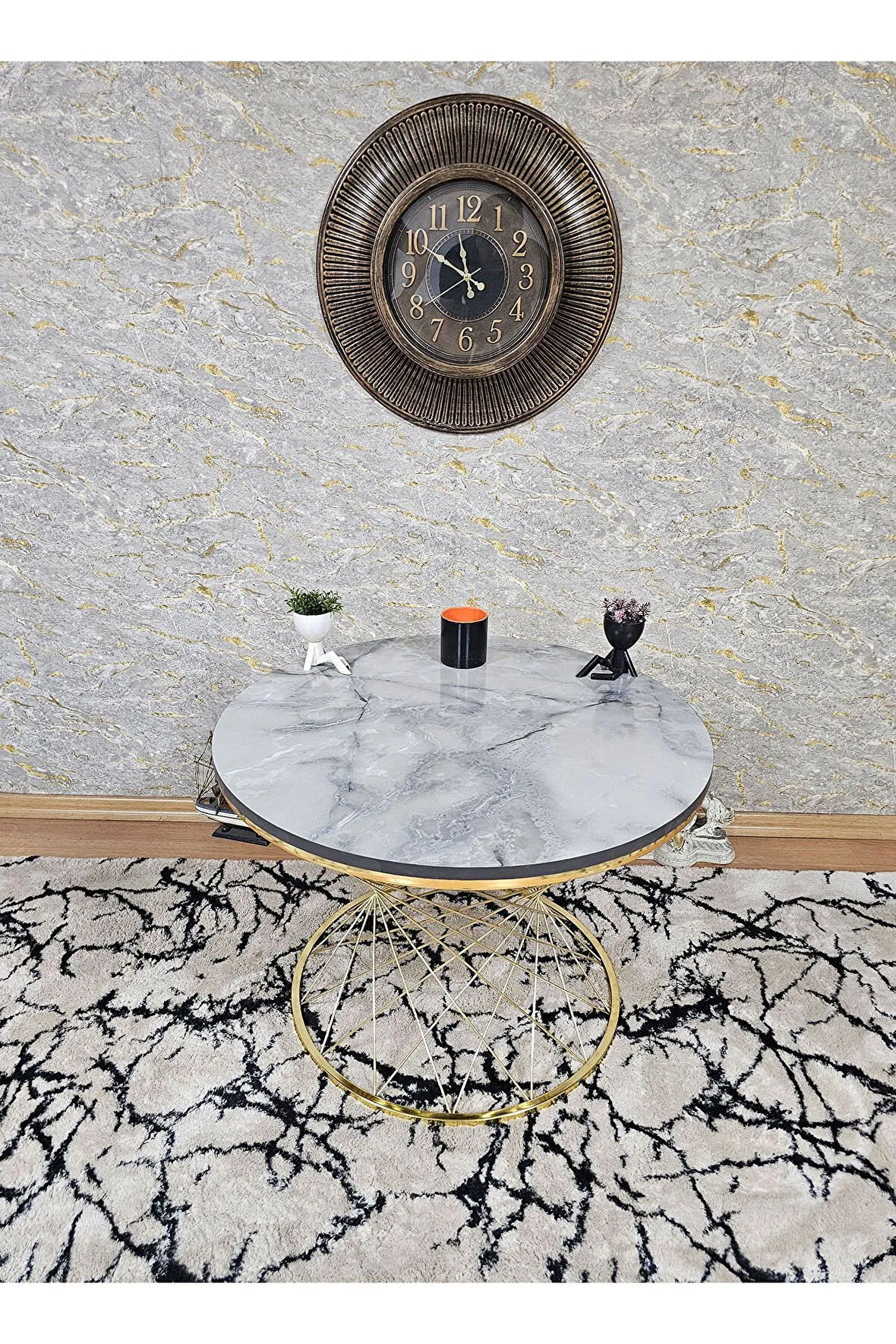 Gold Kaplama Aris Gri Suntalem Tabla Pota Orta Sehpa - Gold Sehpa - Orta Sehpa - Yan Sehpa - Sehpa