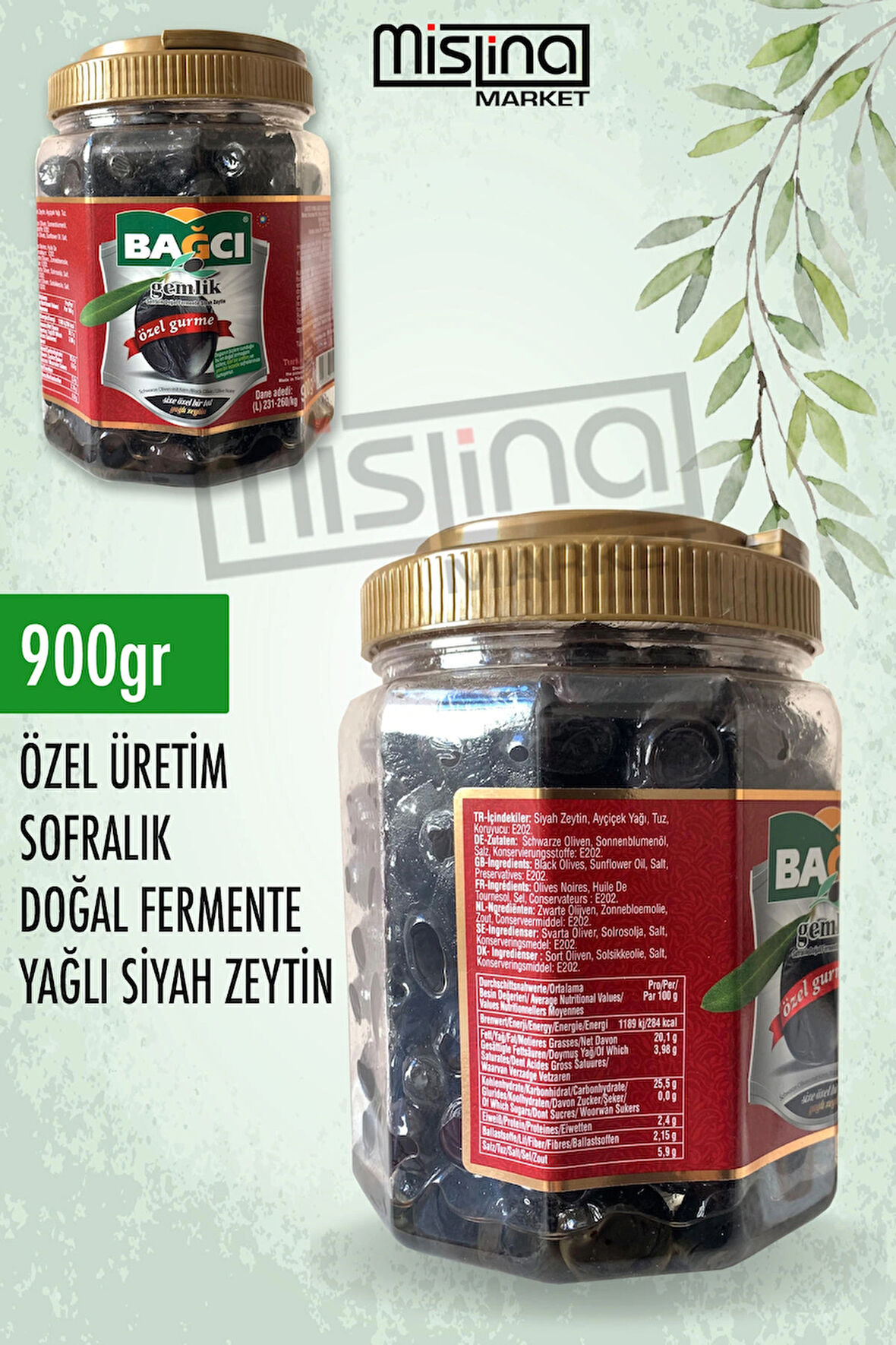 Bağcı Özel Gurme Gemlik Büyük Boy (L Boy) Siyah Zeytin 900 Gram