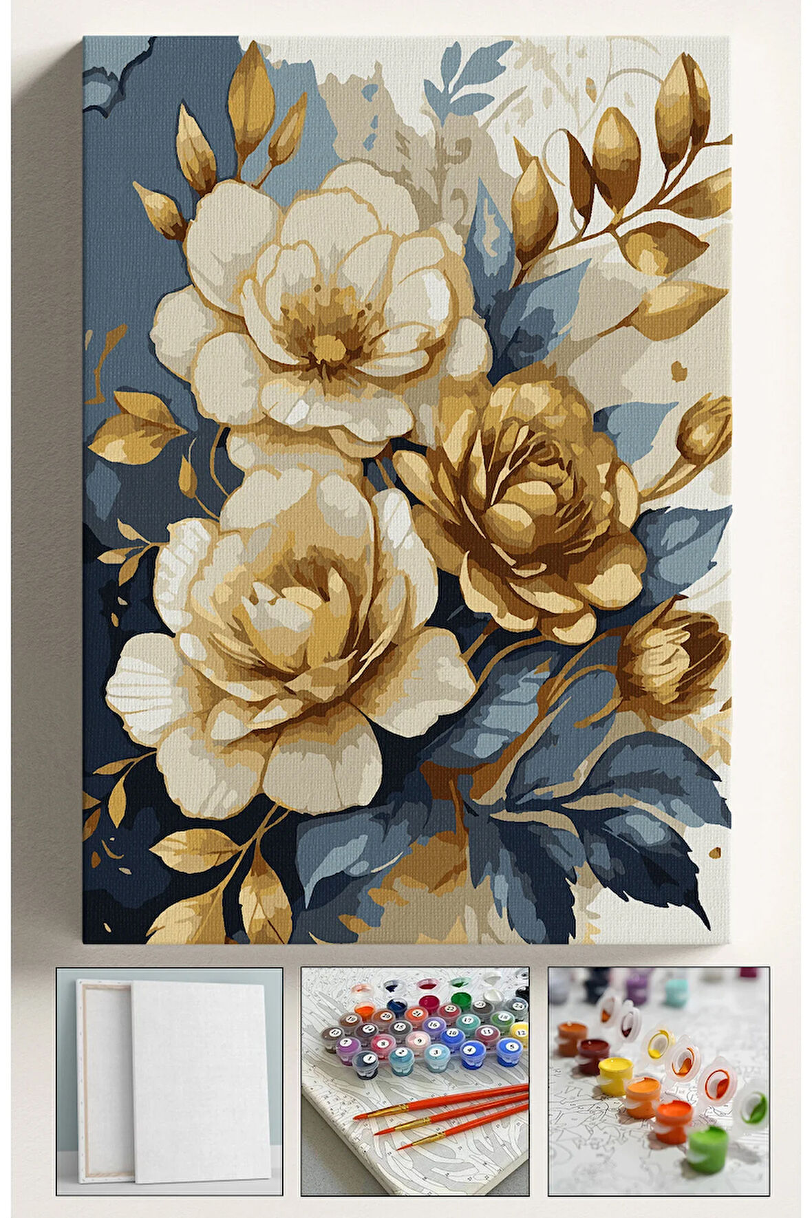 Sayılarla Boyama Seti Numaralı Tuval Fırça Boya ÇİÇEK GOLD 40X50 Cm