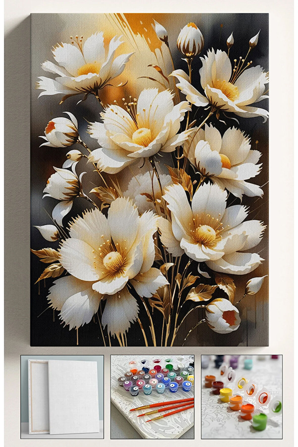 Sayılarla Boyama Çerçeveli Hobi Seti Numaralı Tuval Fırça Boya Dahil Kasnaklı GOLD ÇİÇEK 40X50 Cm