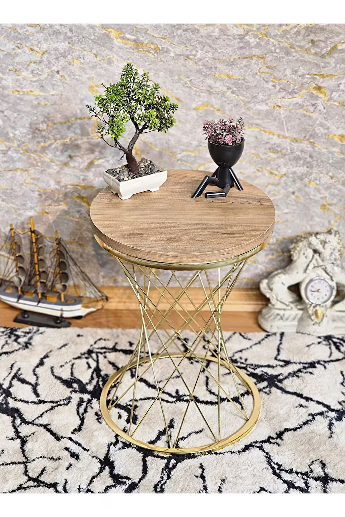 Gold Kaplama Pota Sehpa - Sehpa - Ahşap Sehpa - Metal Sehpa - Sunta Sehpa - Tek Sehpa - Zigon Sehpa