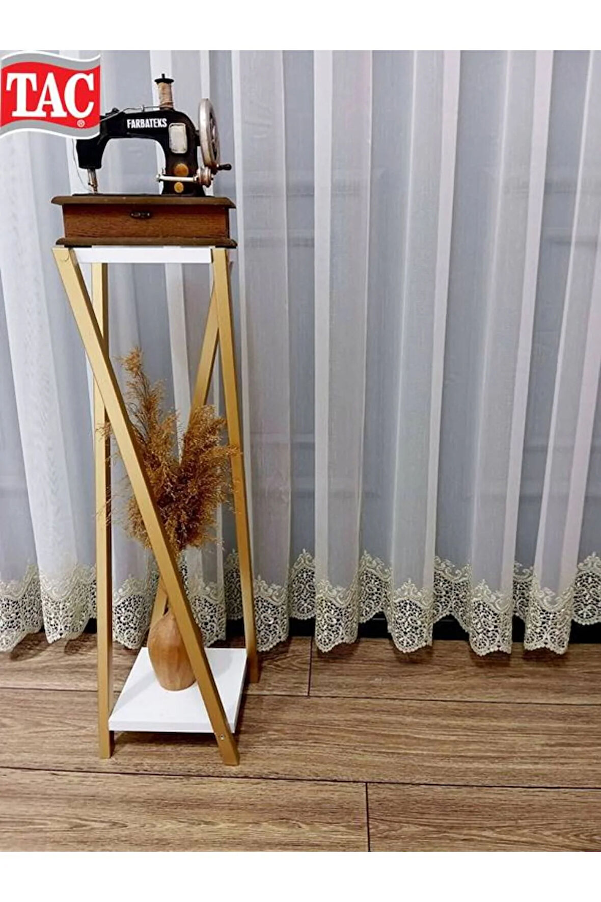 Taç Etek Aplike Altın Gold Güpürlü Ling 1/3Kat Pileli Tül Perde