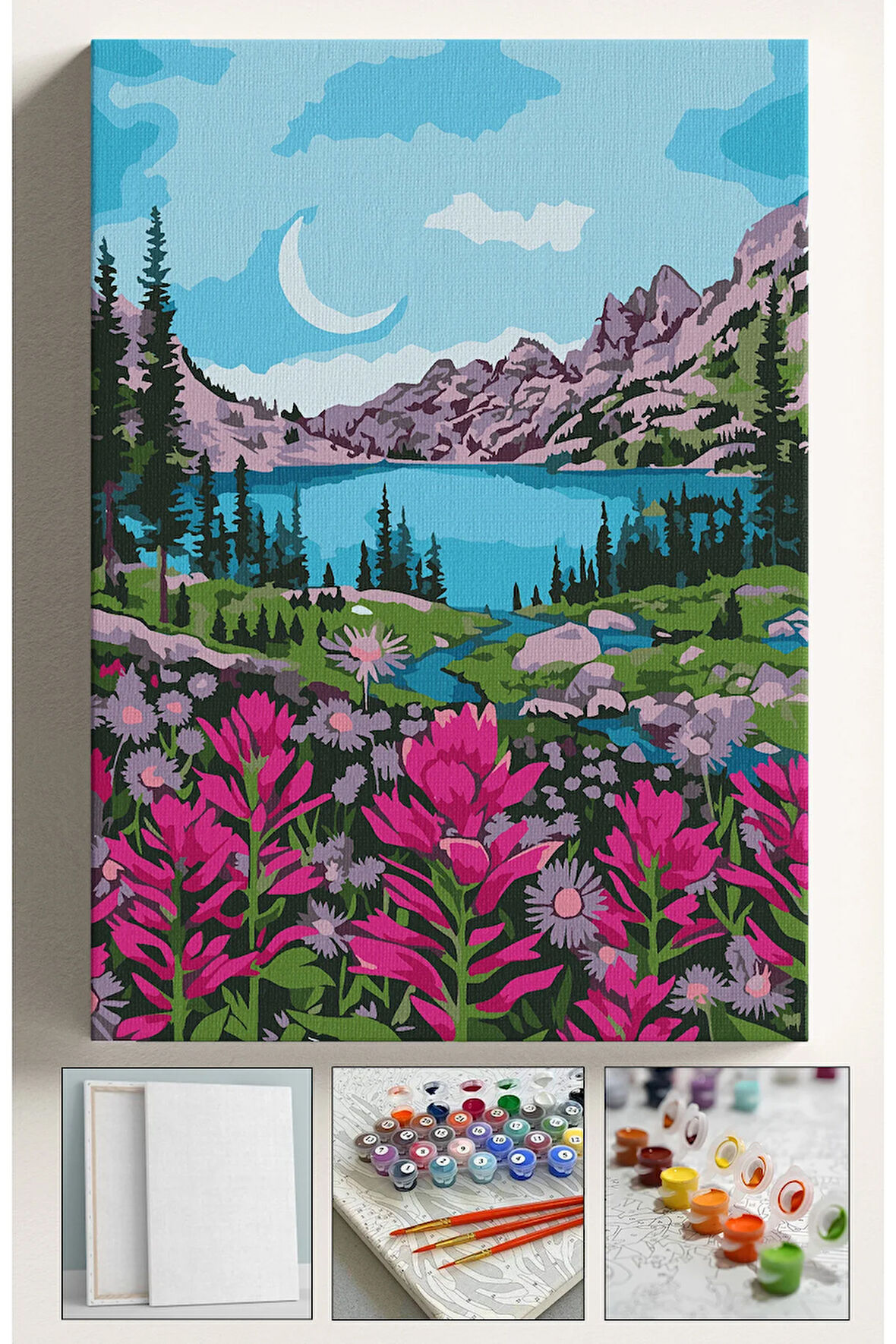 Sayılarla Boyama Seti Numaralı Tuval Fırça Boya 40x50 Cm Göl Manzarası