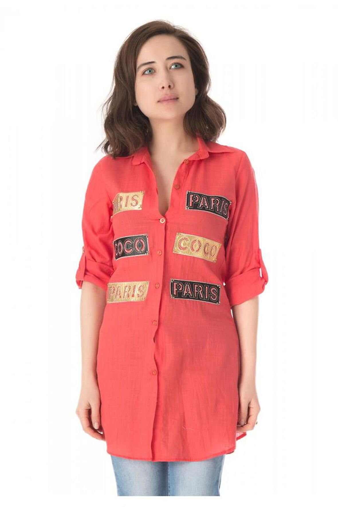 Yazı ve Taş Detaylı Fuşya Uzun Kadın Keten Gömlek (Küçük Beden)