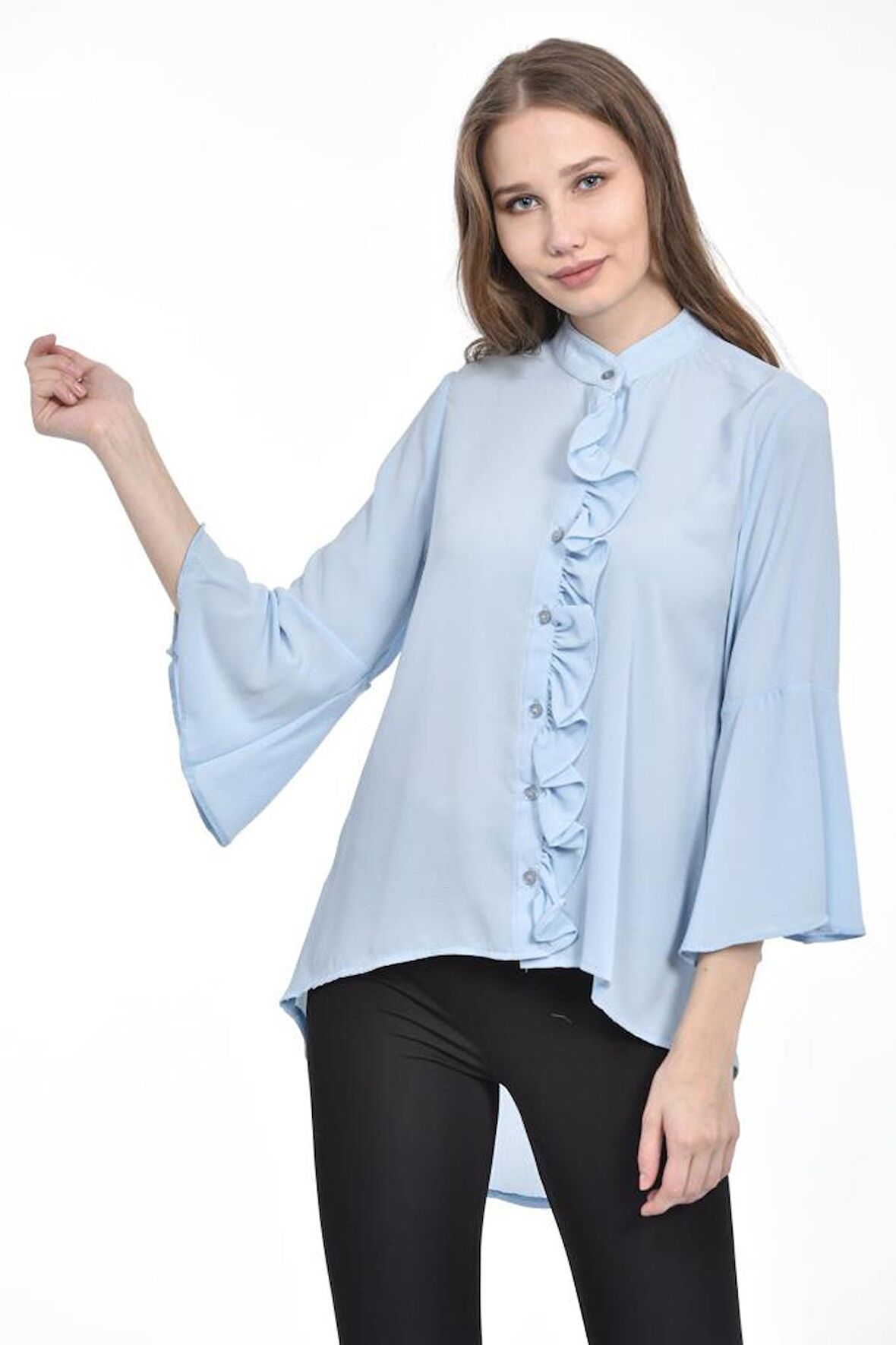 Fırfır Detaylı Bebe Mavisi Kadın Gömlek