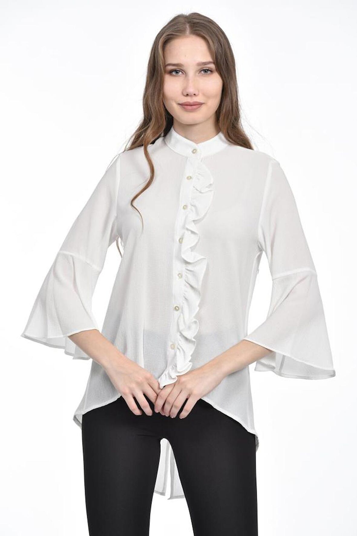 Fırfır Detaylı Beyaz Kadın Gömlek