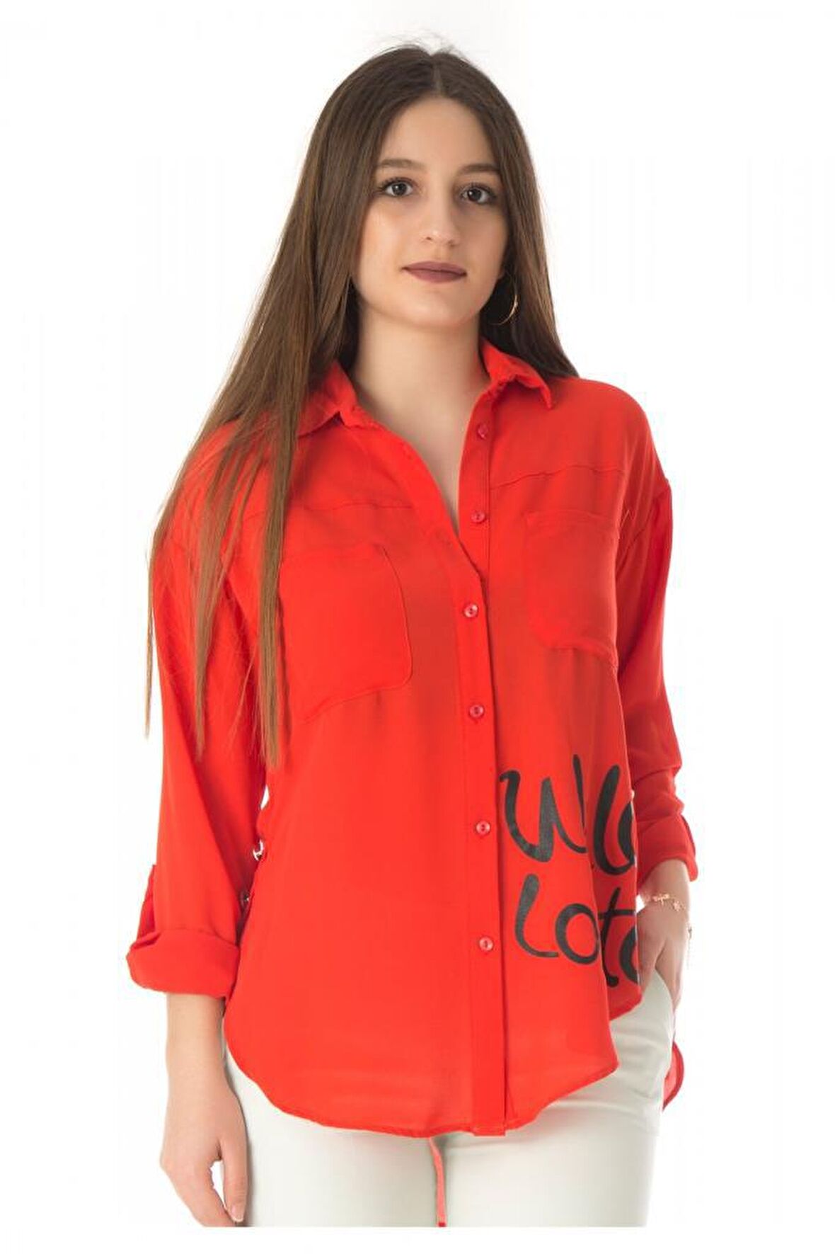 Baskı ve Yırtmaç Detaylı Fuşya Kadın Gömlek