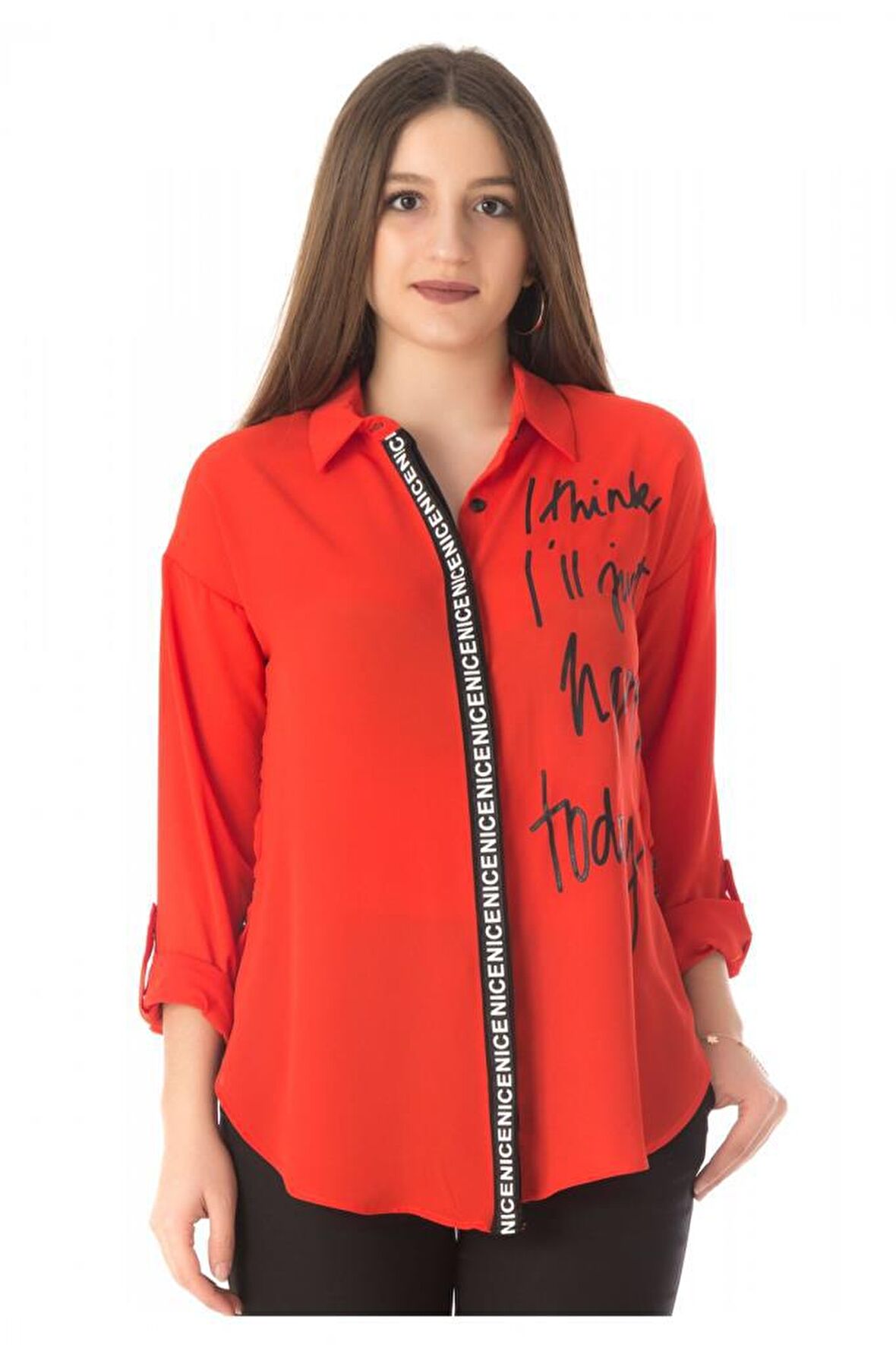 Baskılı ve Şerit Detaylı Fuşya Kadın Gömlek