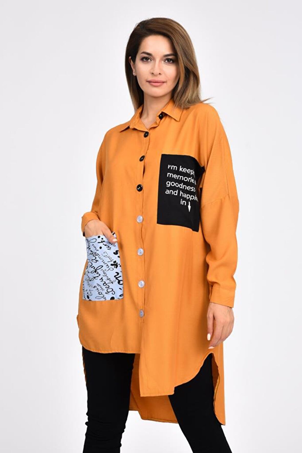 Cepli ve Baskılı Uzun Kollu Hardal Kadın Gömlek