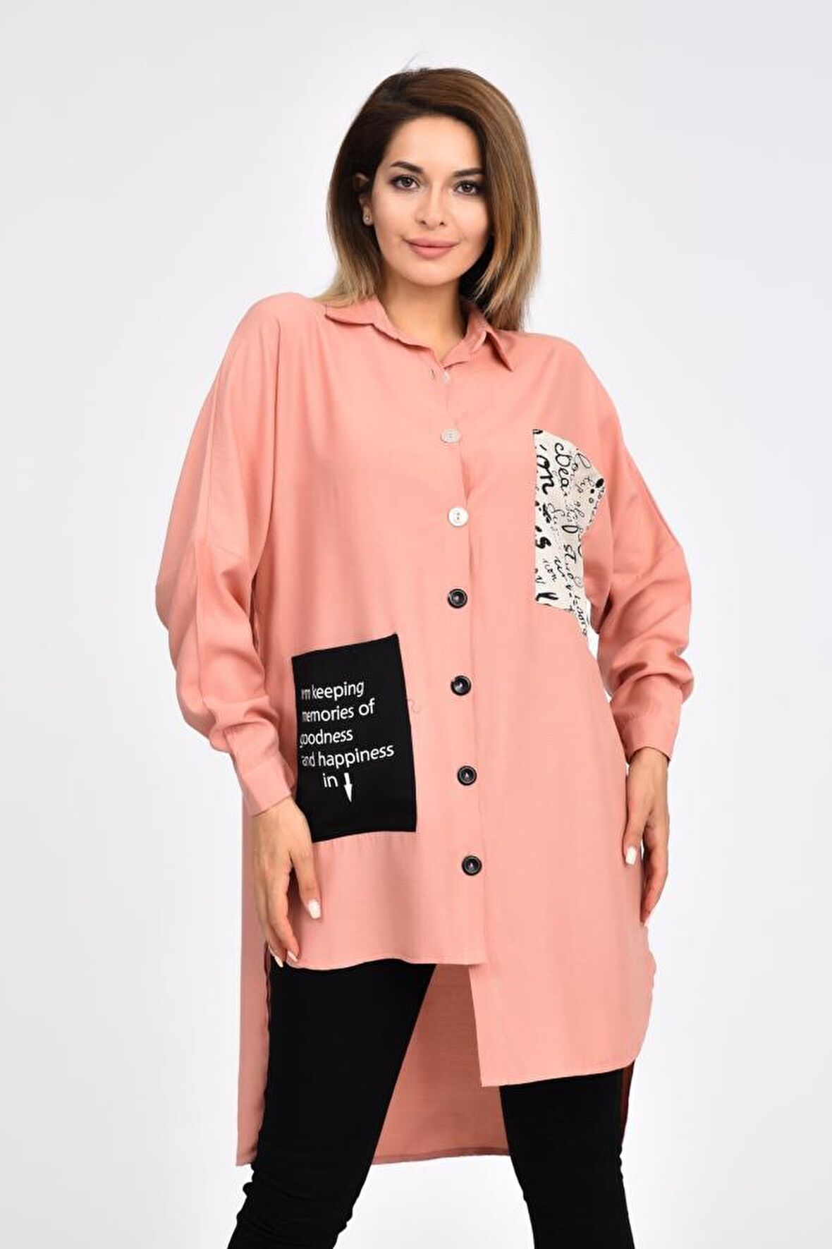 Cepli ve Baskılı Uzun Kollu Somon Kadın Gömlek