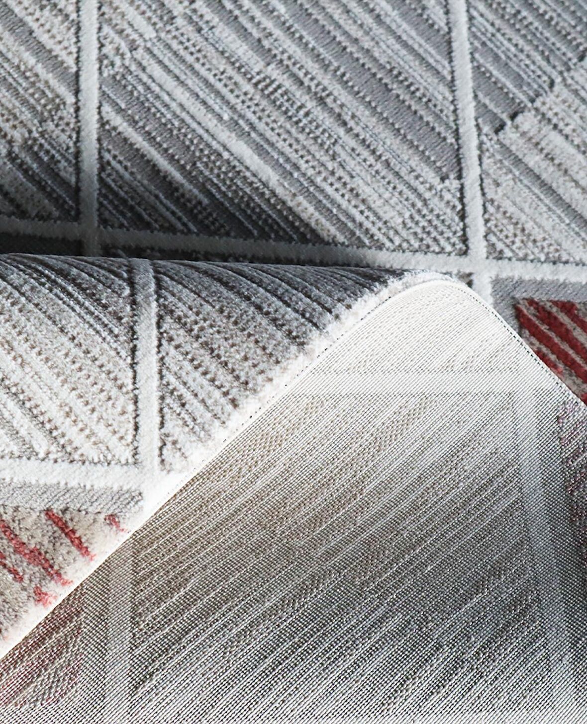 İpek Mekik Halı Gordion Bordo Gri Geometrik Desenli Halı