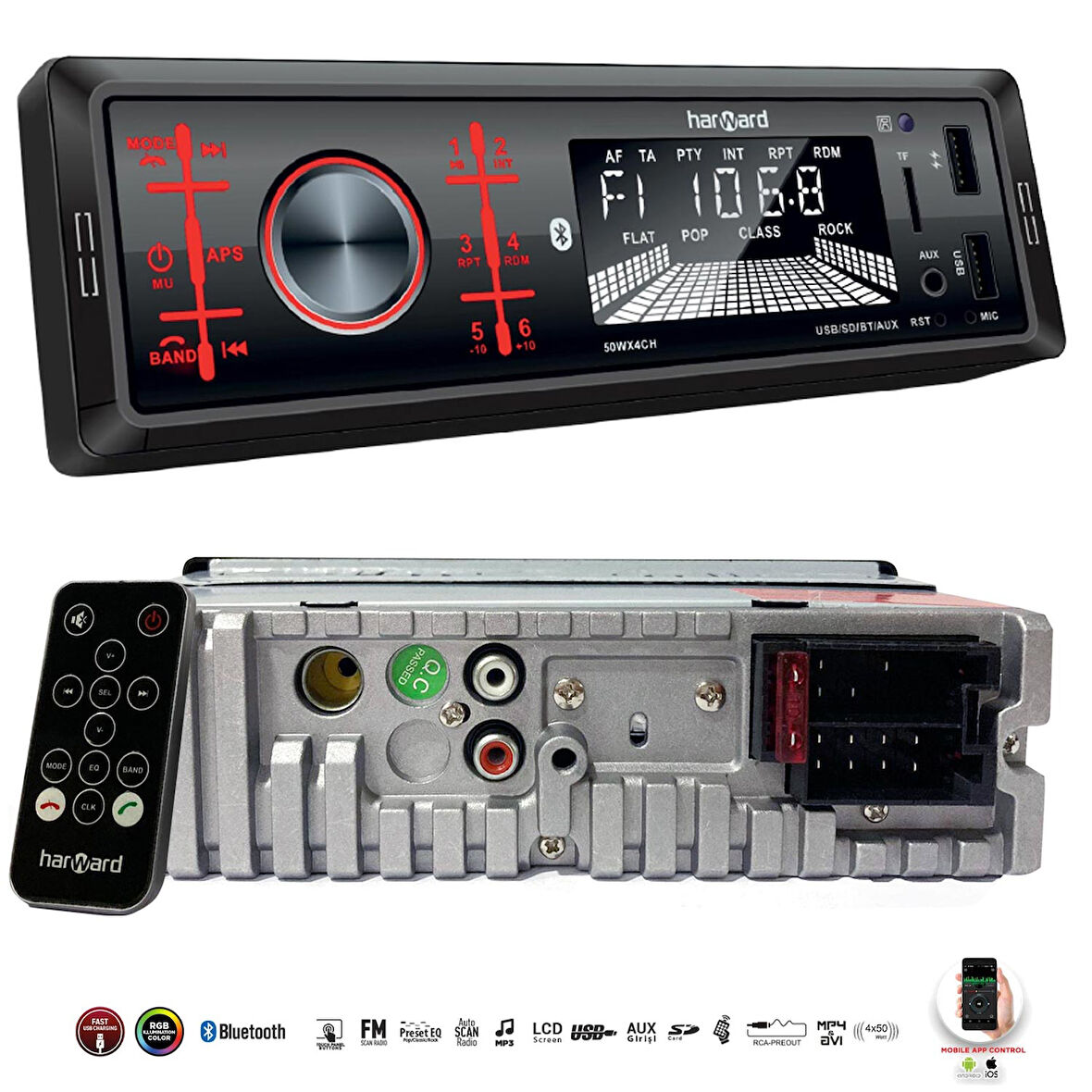 HARWARD HR-MX652 Oto Teyp 4X50 Watt Bluetooth Mobil Aplikasyon 2xUsb Sd Fm Aux