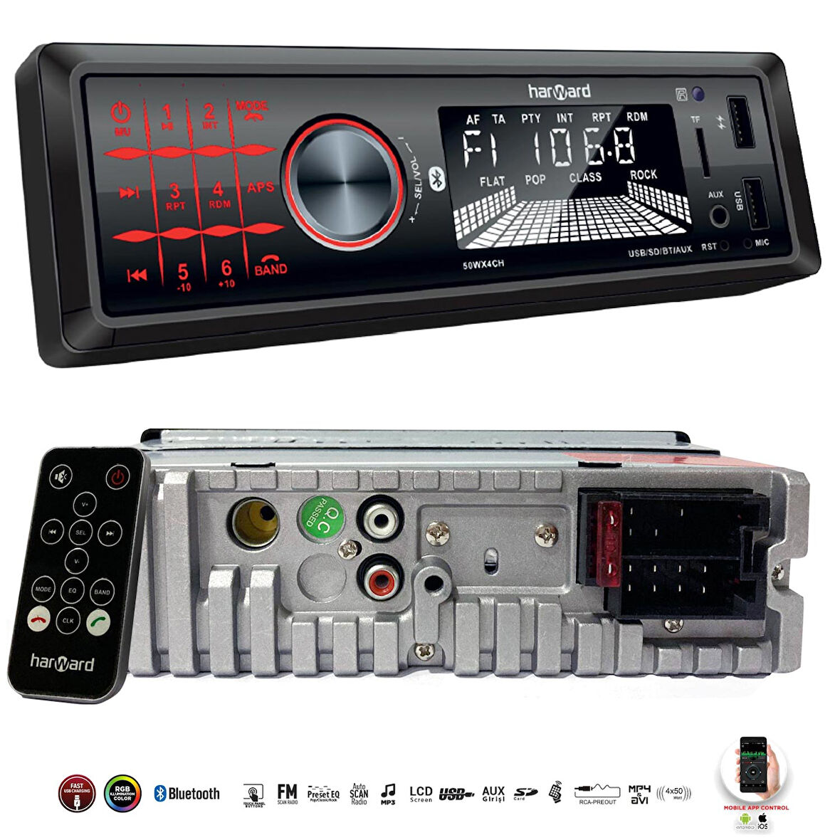 HARWARD HR-MX653 Oto Teyp 4X50 Watt Bluetooth Mobil Aplikasyon 2xUsb Sd Fm Aux