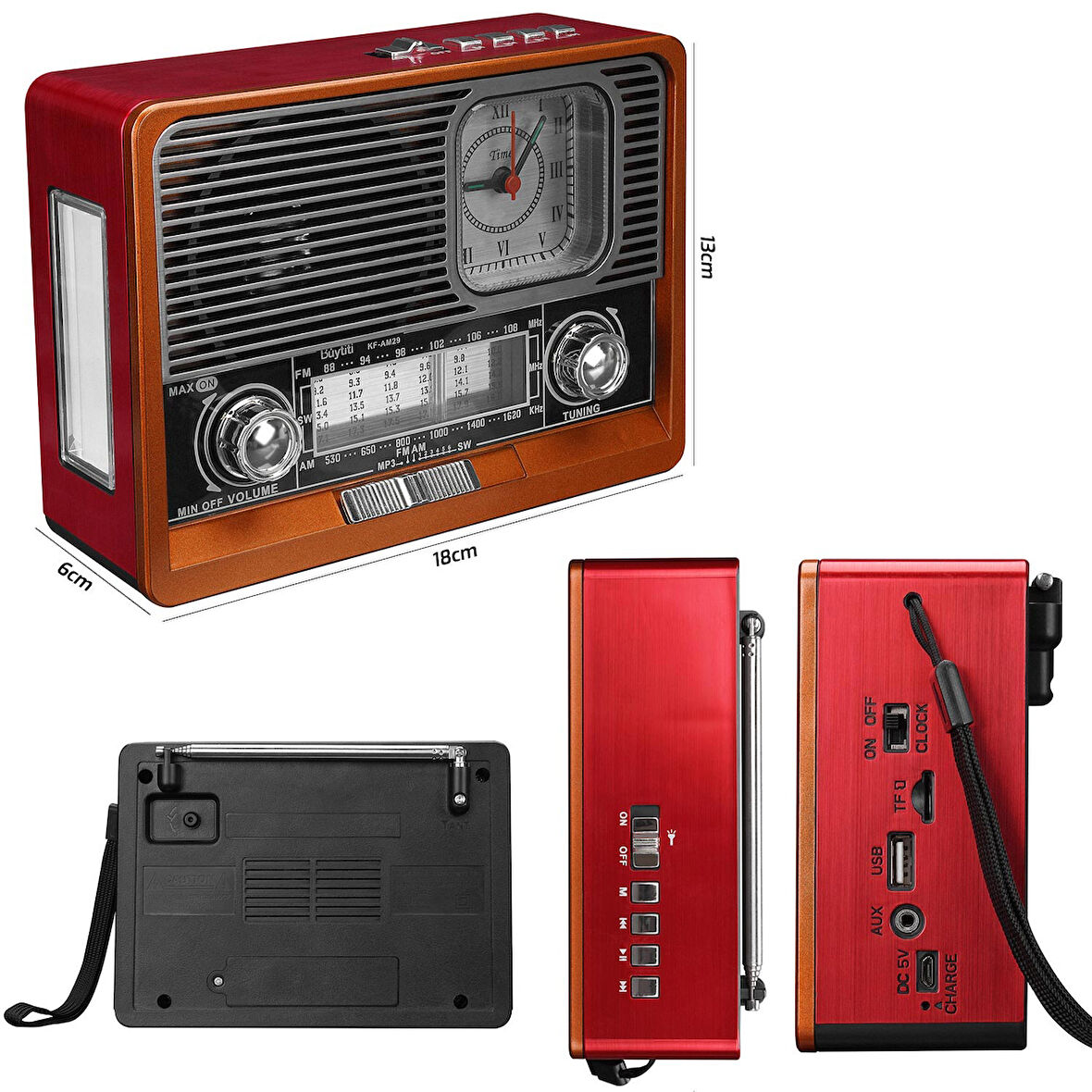 RADYO NOSTALJİ ŞARJLI BT/USB/SD/AUX FENERLİ SAATLİ MİKADO MDR-105BT