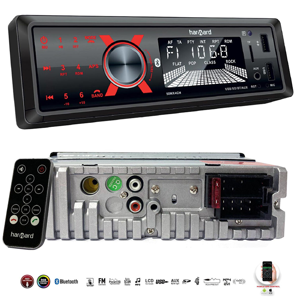 HARWARD HR-MX651 Oto Teyp 4X50 Watt Bluetooth Mobil Aplikasyon 2xUsb Sd Fm Aux