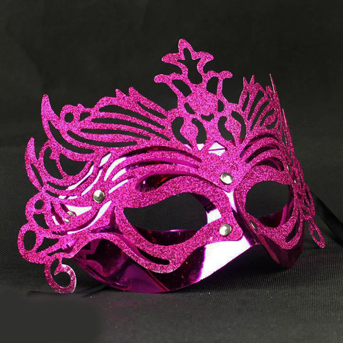 Metalik Fuşya Pembe Renk Masquerade Simli Parti Maskesi 23x14 cm