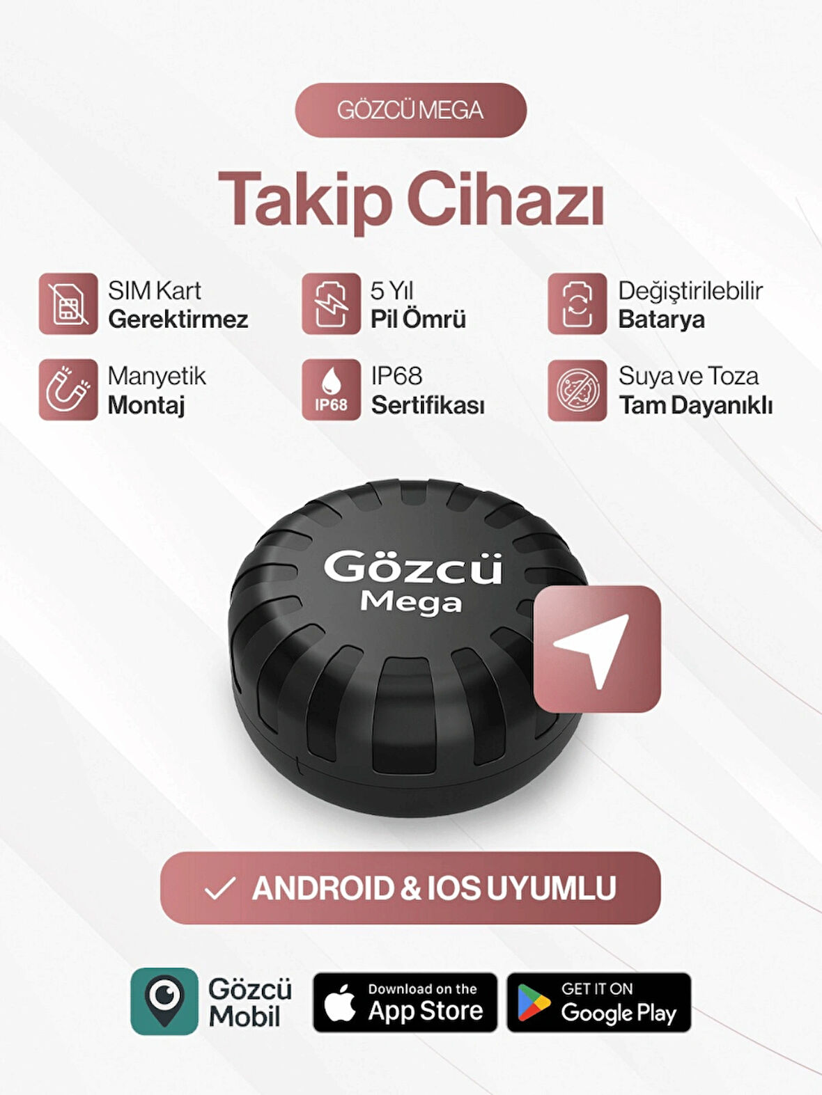 Gözcü Mobil Mega Takip Cihazı IOS Android Uyumlu Motor Araç Taşıt GPS Cihazı IP68 Su Geçirmez Akıllı Takibi (5-10 Dakika Aralıklı Sinyal Alır)