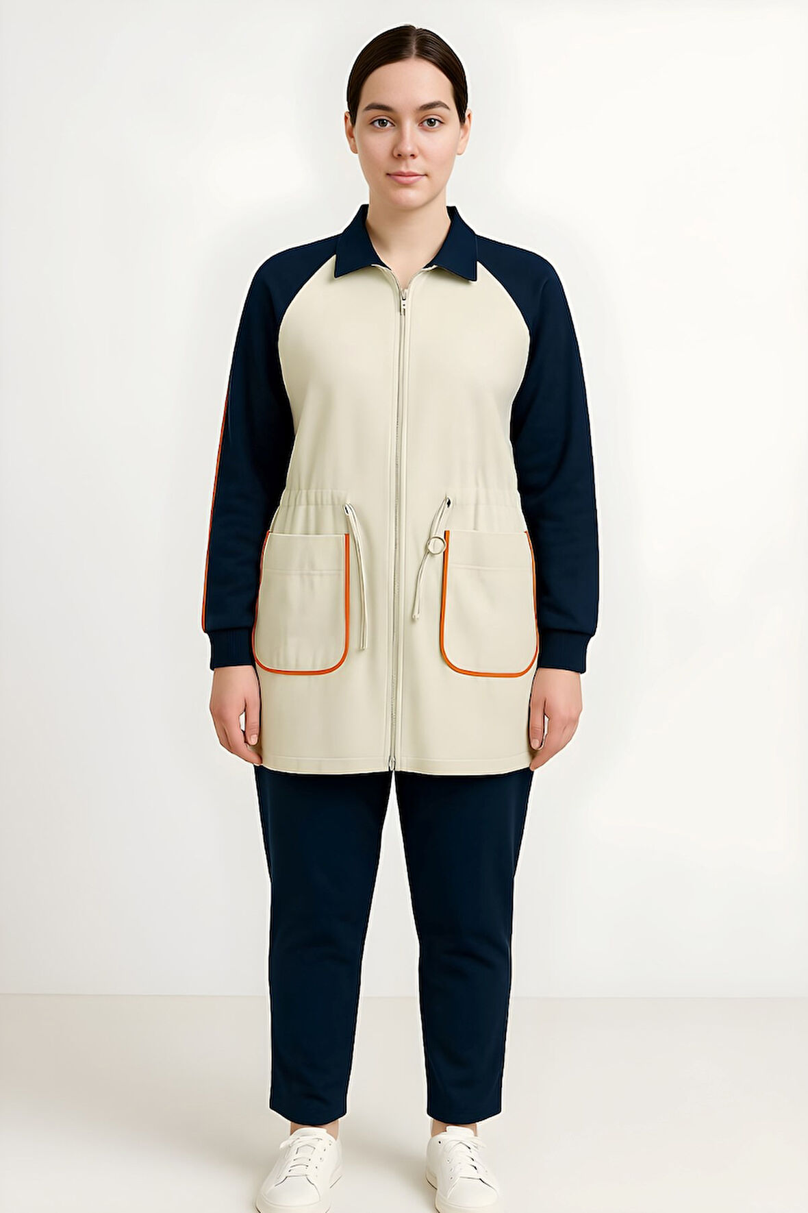 Gözde Kadın Lacivert Trend Ortadan Fermuarlı Gömlek Pantolon Takım GOZDE-6739