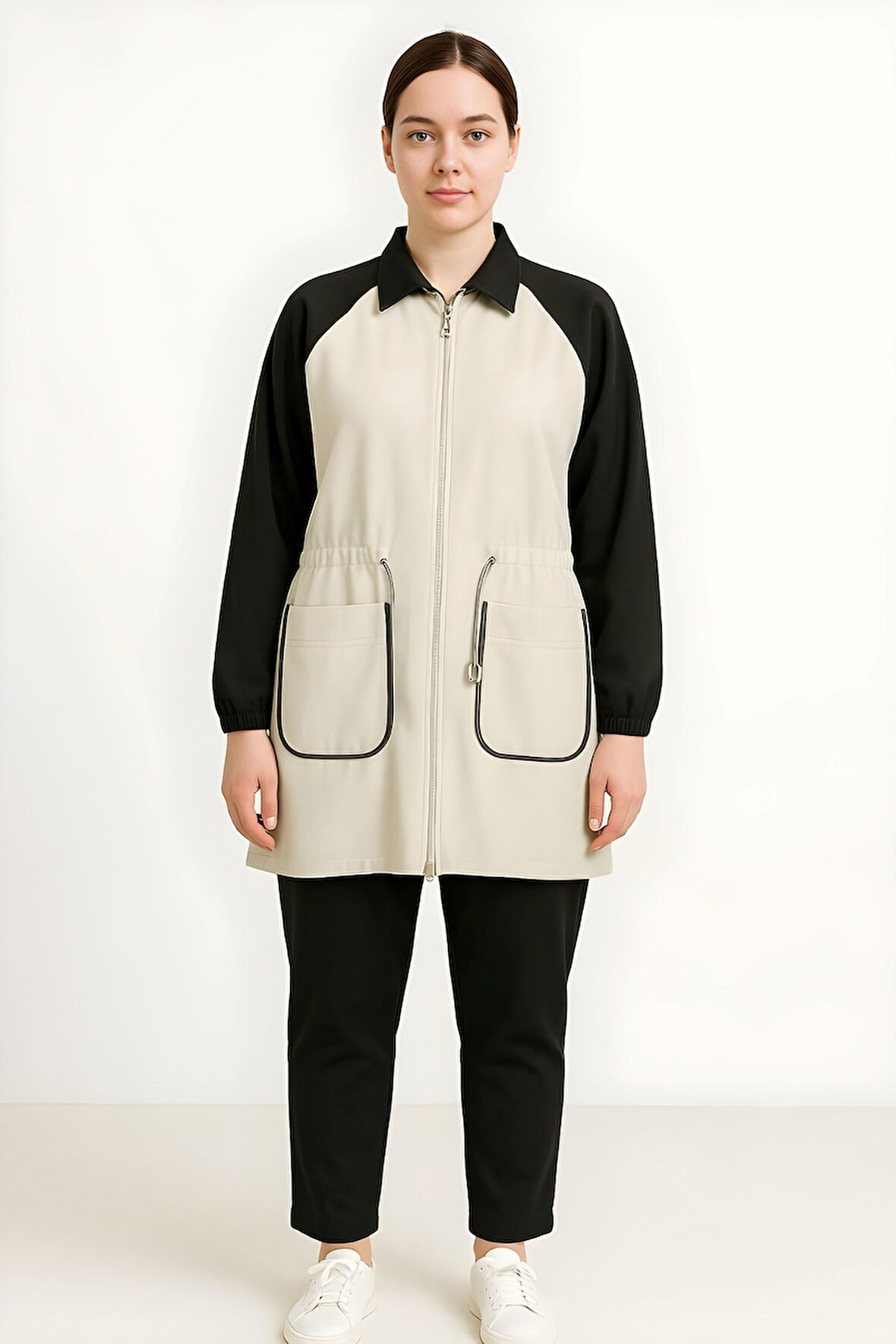 Gözde Kadın Siyah Trend Ortadan Fermuarlı Gömlek Pantolon Takım GOZDE-6739