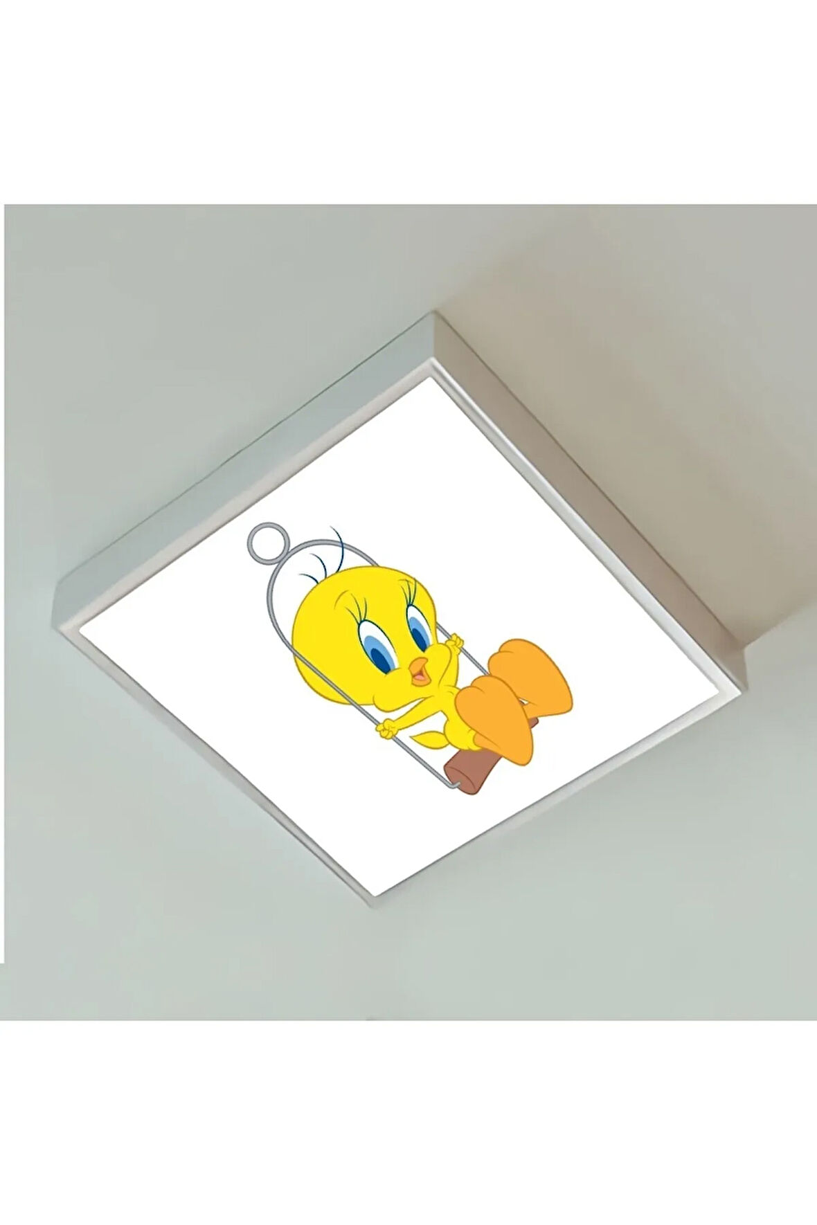 Tweety Çocuk Led Lamba-54w Göz Yormayan Aydınlatma-60cmx60cm Kare-beyaz Işık,beyaz Metal Çerçeve