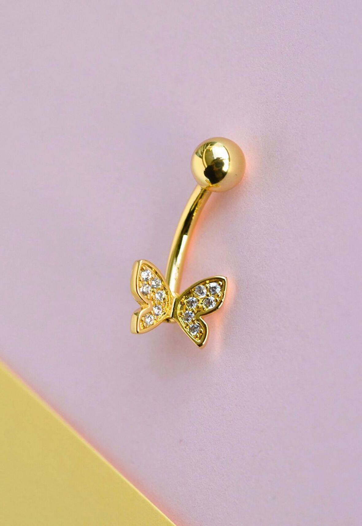 Çelik Kelebek Figürlü Minimal Göbek Piercing Gold