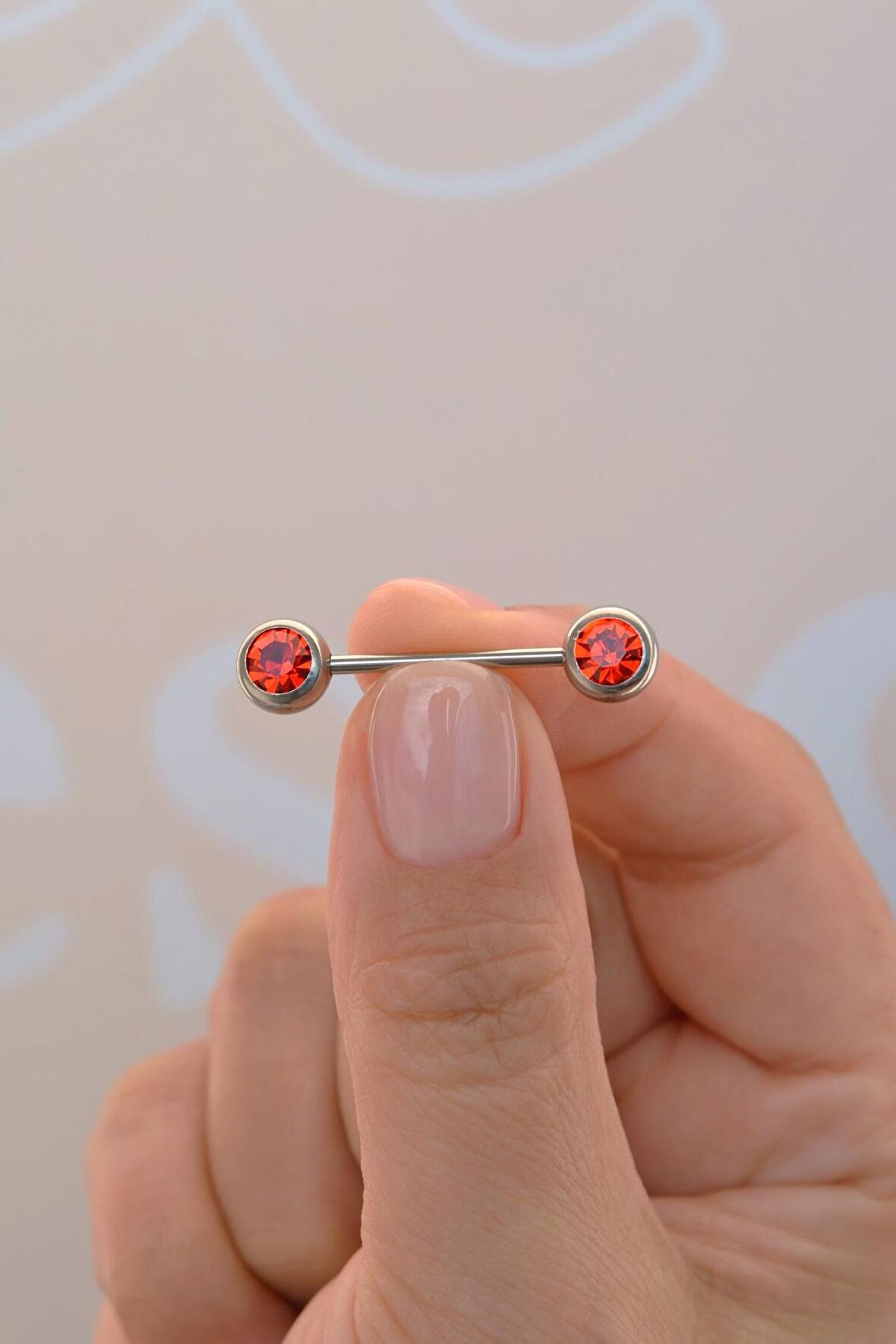 Kırmızı Tektaş Model Nipple Piercing Meme Ucu Piercingi Gümüş Renkli