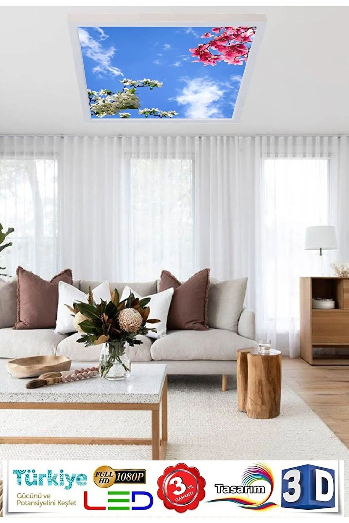 Çiçekli Gökyüzü Baskılı Avize - 60watt, 60x60 Avize,yeni Nesil Aydınlatma, Kare Modern Led Lamba