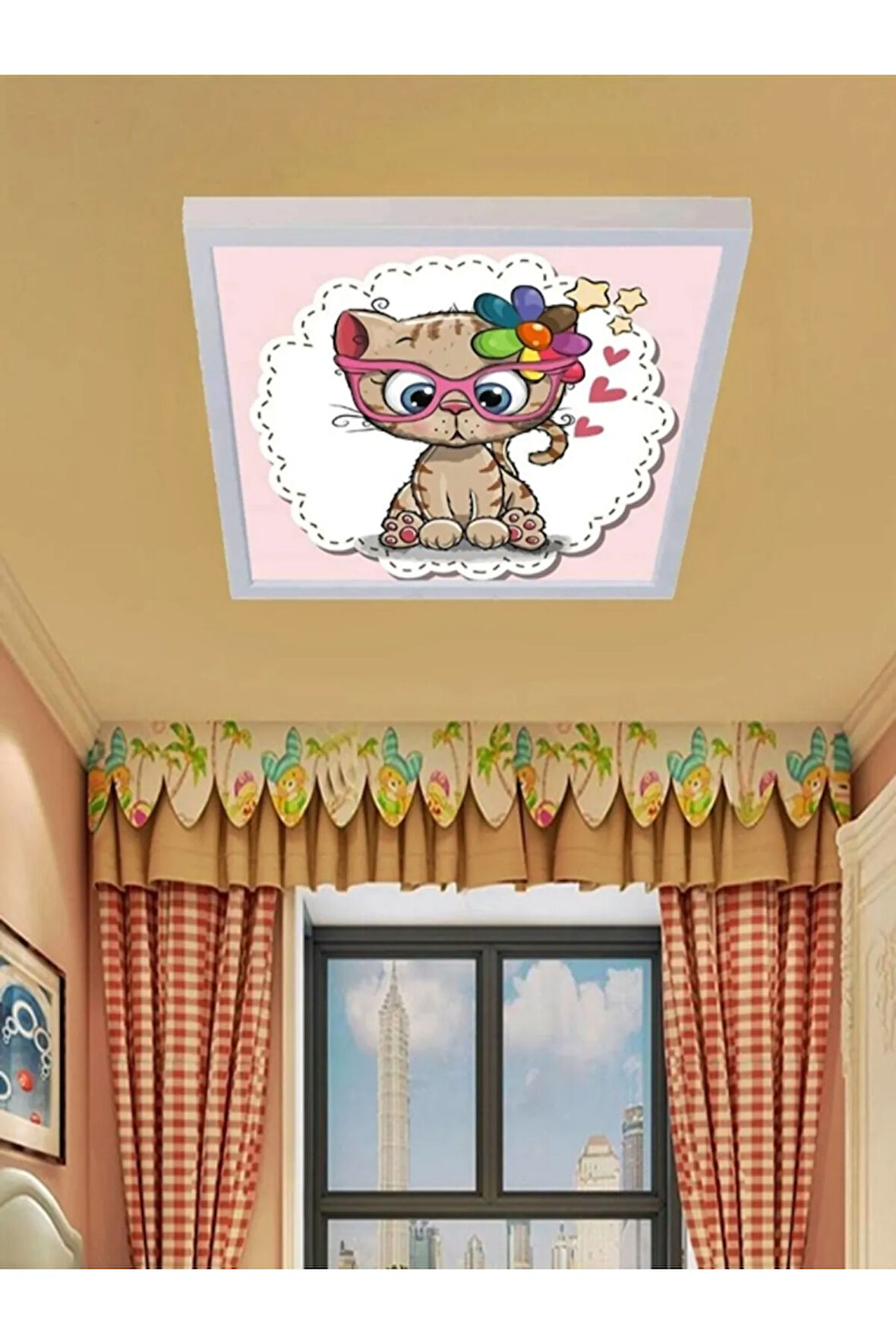 Kedicik Çocuk Odası Tavan Aydınlatma Led Avize,60cm Kare, 60watt Modern Çerçeve
