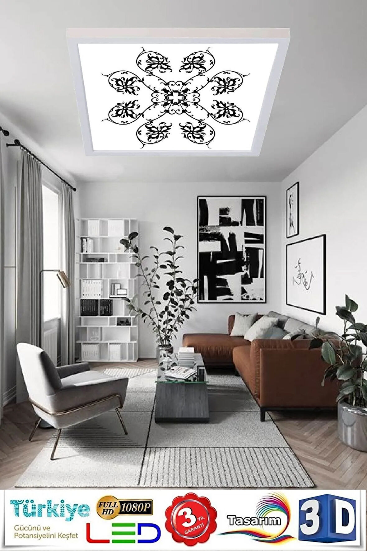 Desenli Panel Avize 60w Led Tavan Aydınlatma 60cmx60cm Beyaz Modern Çerçeve