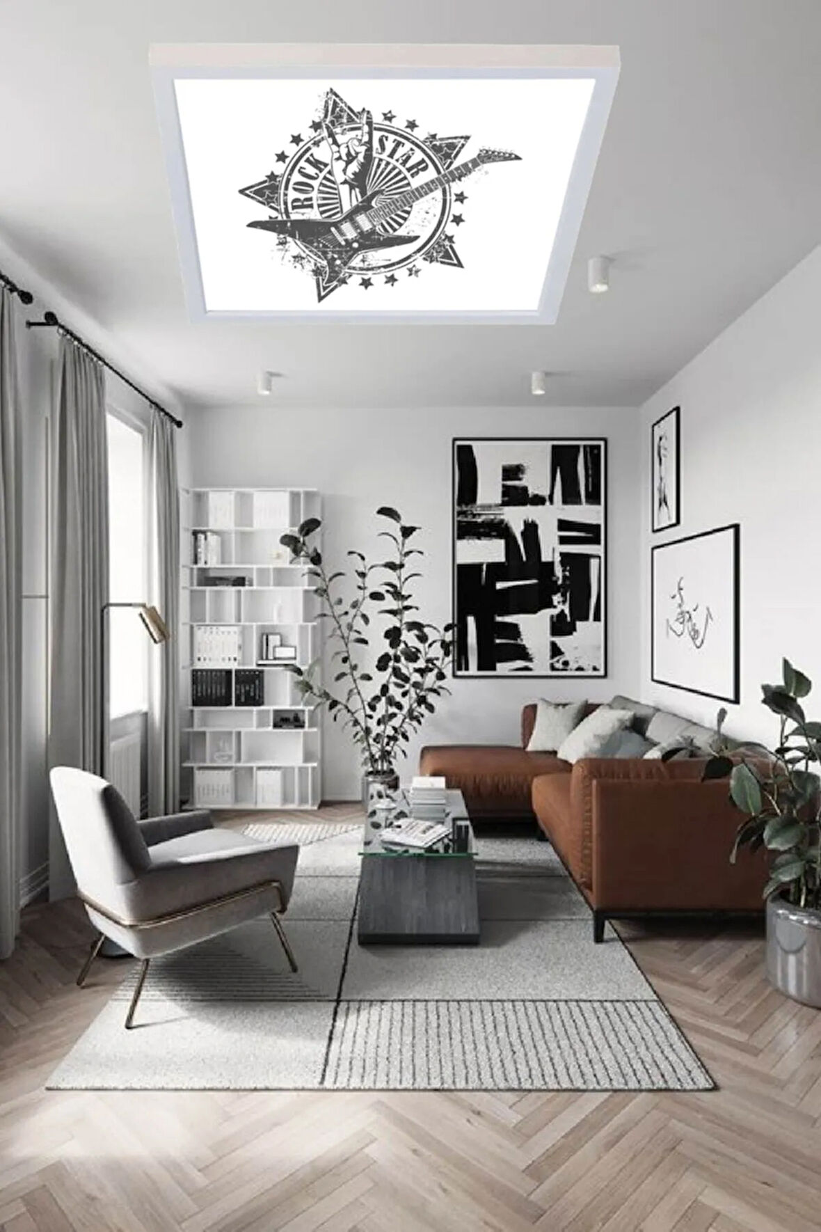 Genç Odası Rock Model Baskılı Led Avize 60watt Beyaz Işık Homojen Aydınlatma, Modern Kare Led